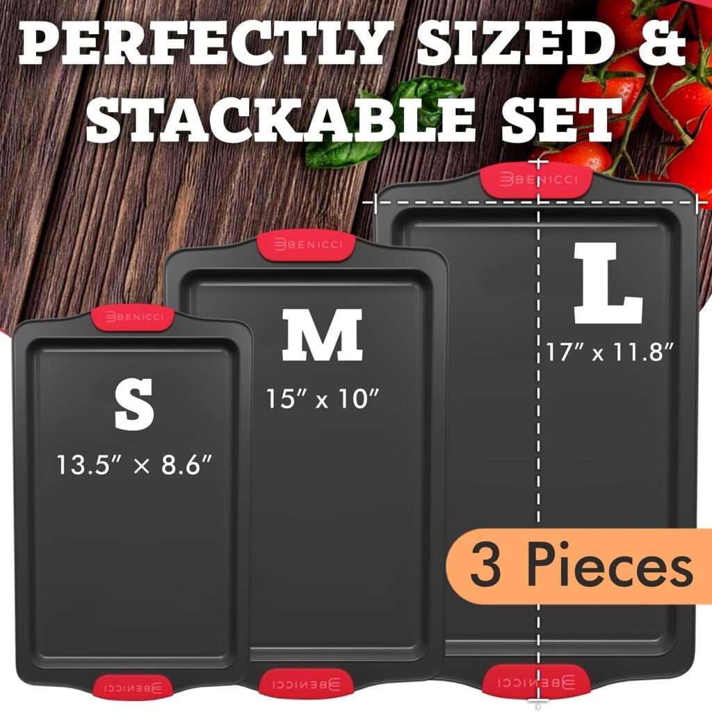 Premium Non-Stick Baking Sheets Set of 3 - Deluxe BPA Free, Easy to Clean Racks w/Silicone Handles - Bakeware Pans for Cooking Baking Roasting - Lets You Bake The Perfect Cookie or Pastry Every Time