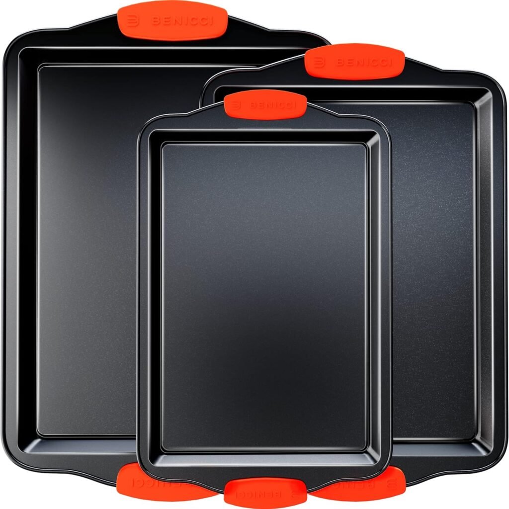 Premium Non-Stick Baking Sheets Set of 3 - Deluxe BPA Free, Easy to Clean Racks w/Silicone Handles - Bakeware Pans for Cooking Baking Roasting - Lets You Bake The Perfect Cookie or Pastry Every Time