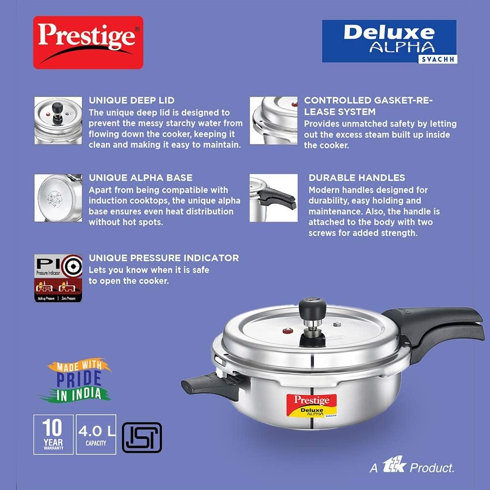 Prestige Deluxe Alpha Svachh Stainless Steel Pressure Cooker with Alpha Base and Deep Lid for Spillage Control, (4.4 L Junior Handi)