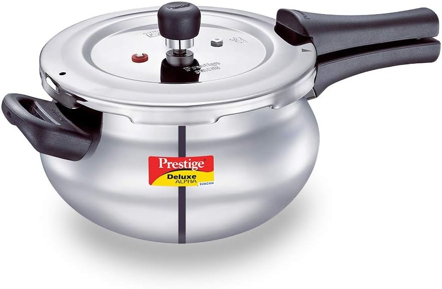 Prestige Deluxe Alpha Svachh Stainless Steel Pressure Cooker with Alpha Base and Deep Lid for Spillage Control, (4.4 L Junior Handi)