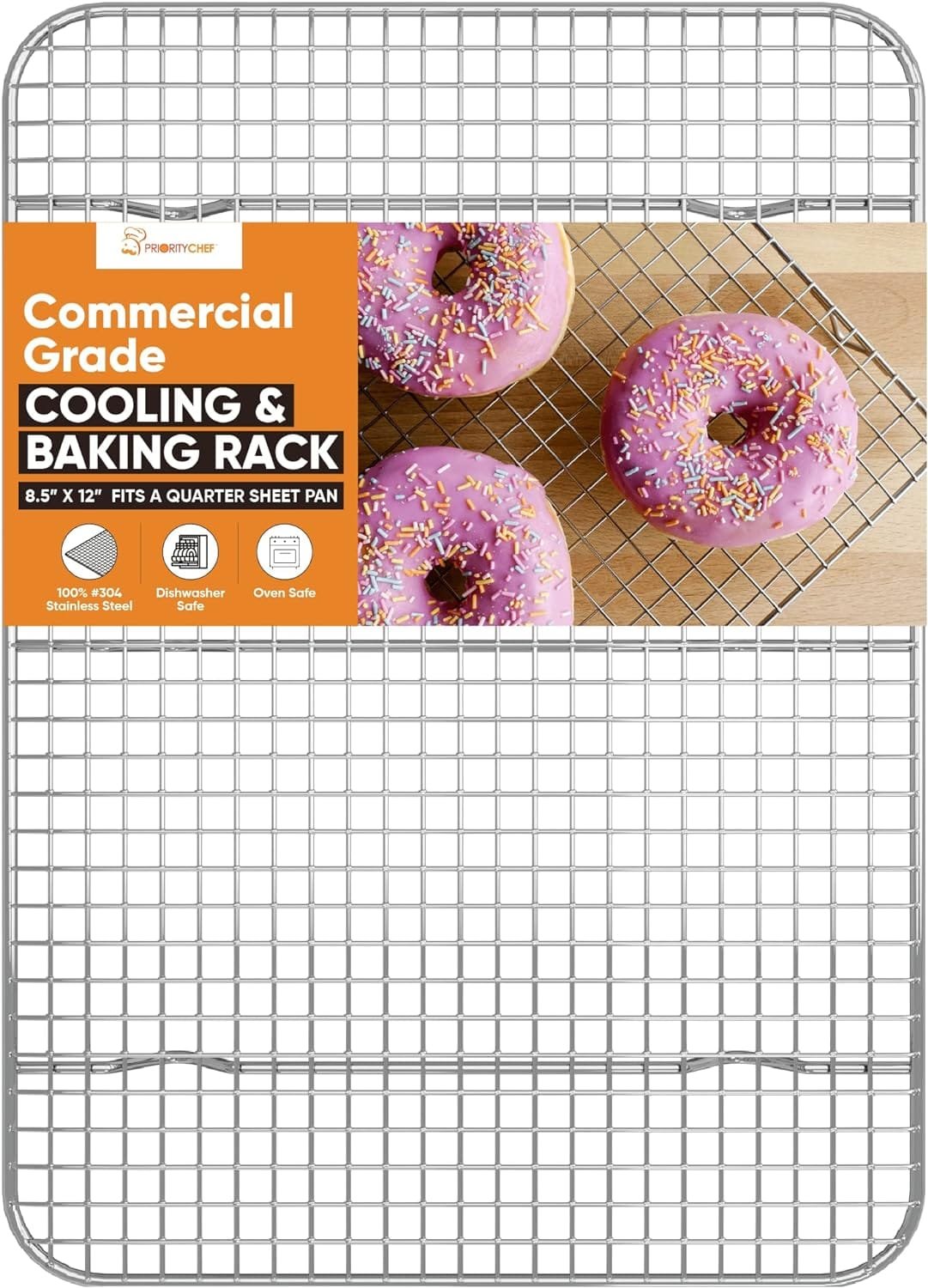 Priority Chef 18/8 Stainless Steel Cooling Rack, Heavy Duty Baking Rack For Oven Cooking, Fits Quarter Sheet Pan, Wire Rack For Cooking, Bacon, Cookie Cooling Rack, 8.5 x 12