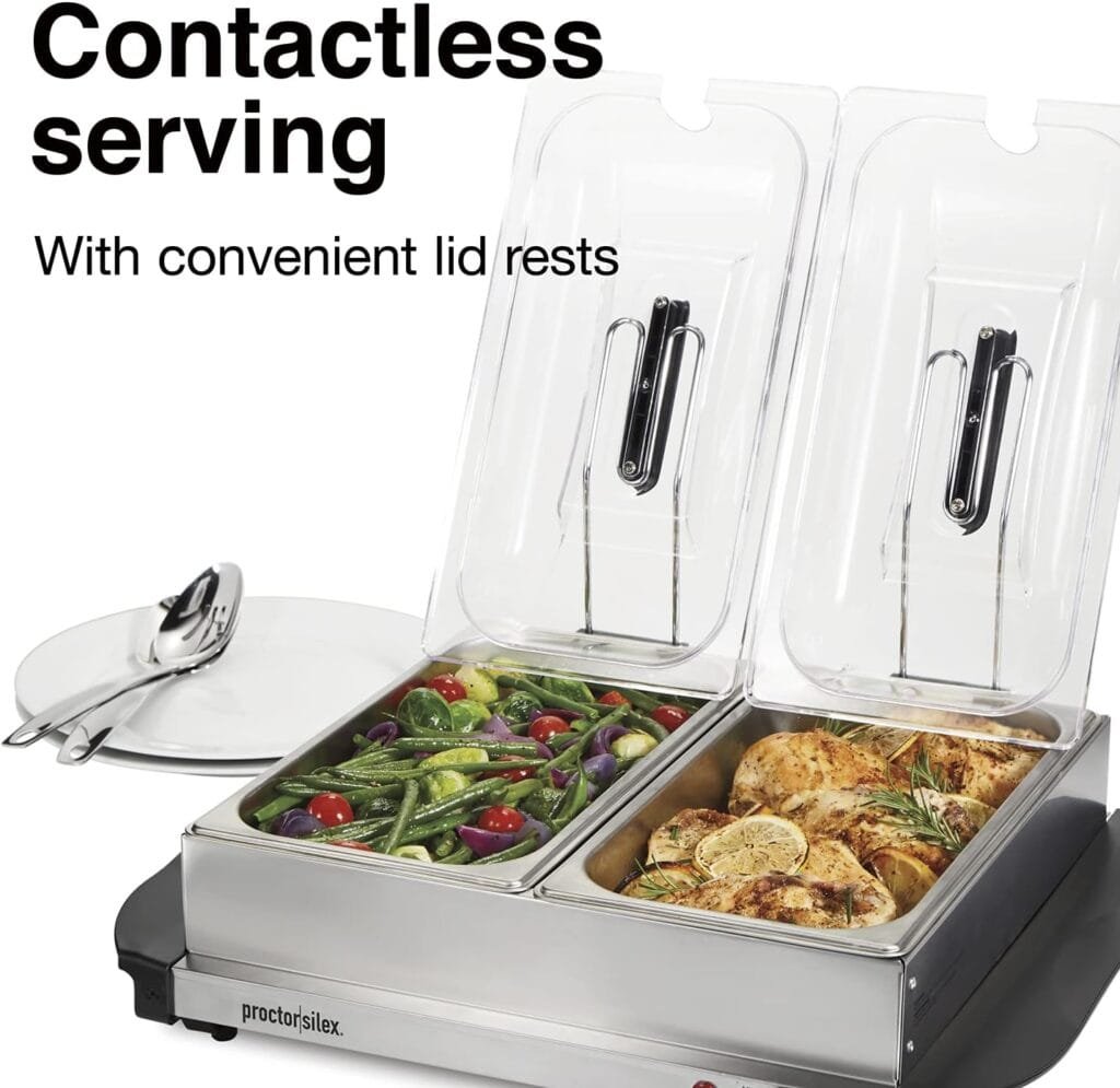 Proctor Silex Buffet Server  Food Warmer, Adjustable Heat, for Parties, Holidays and Entertaining, Three 2.5 Quart Oven-Safe Chafing Dish Set, Stainless Steel Proctor Silex Buffet Server  Food Warmer, Adjustable Heat, for Parties, Holidays and Entertaining, Three 2.5 Quart Oven-Safe Chafing Dish Set, Stainless Steel