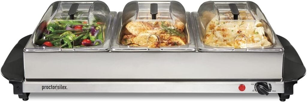Proctor Silex Buffet Server  Food Warmer, Adjustable Heat, for Parties, Holidays and Entertaining, Three 2.5 Quart Oven-Safe Chafing Dish Set, Stainless Steel Proctor Silex Buffet Server  Food Warmer, Adjustable Heat, for Parties, Holidays and Entertaining, Three 2.5 Quart Oven-Safe Chafing Dish Set, Stainless Steel
