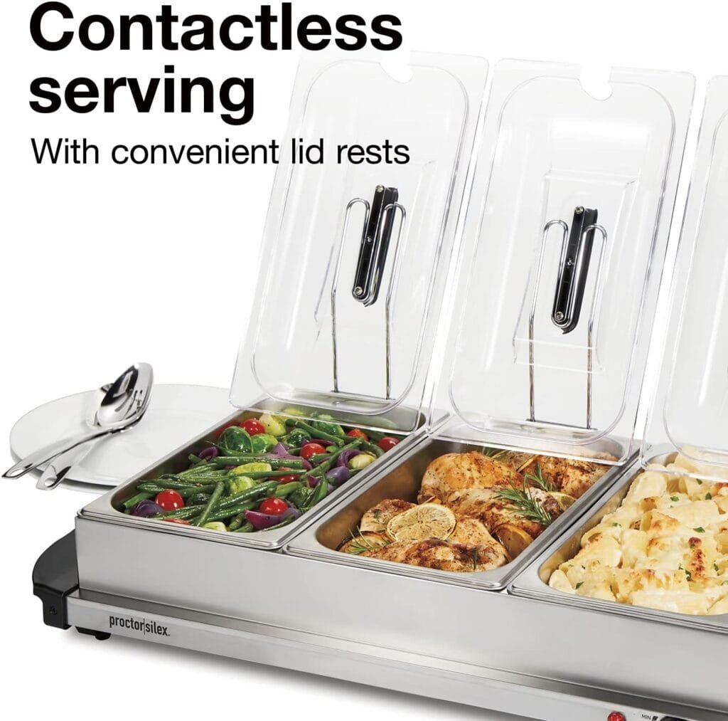Proctor Silex Buffet Server  Food Warmer, Adjustable Heat, for Parties, Holidays and Entertaining, Three 2.5 Quart Oven-Safe Chafing Dish Set, Stainless Steel Proctor Silex Buffet Server  Food Warmer, Adjustable Heat, for Parties, Holidays and Entertaining, Three 2.5 Quart Oven-Safe Chafing Dish Set, Stainless Steel