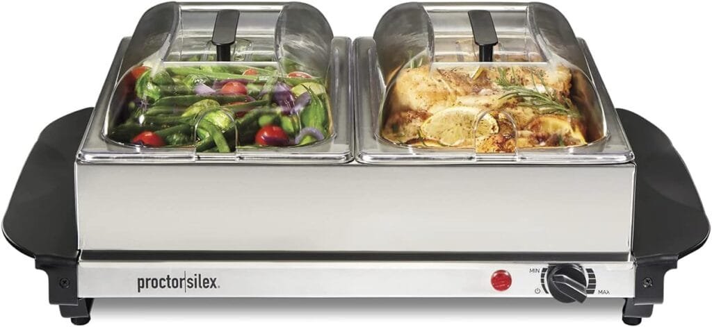 Proctor Silex Buffet Server  Food Warmer, Adjustable Heat, for Parties, Holidays and Entertaining, Three 2.5 Quart Oven-Safe Chafing Dish Set, Stainless Steel Proctor Silex Buffet Server  Food Warmer, Adjustable Heat, for Parties, Holidays and Entertaining, Three 2.5 Quart Oven-Safe Chafing Dish Set, Stainless Steel