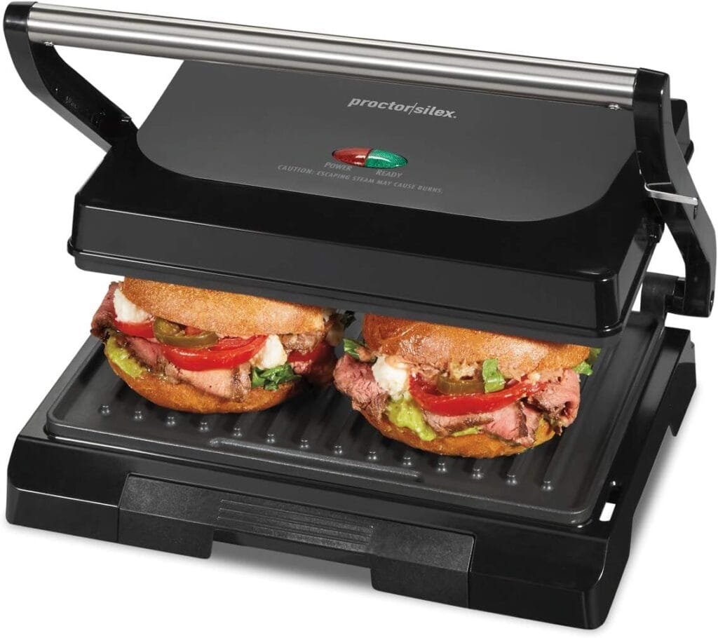 Proctor Silex Panini Press Sandwich Maker and Electric Indoor Grill, 1000 watts, Easy Clean Nonstick Grids, Compact Upright Storage, Black (25440PS) Proctor Silex Panini Press Sandwich Maker and Electric Indoor Grill, 1000 watts, Easy Clean Nonstick Grids, Compact Upright Storage, Black (25440PS)