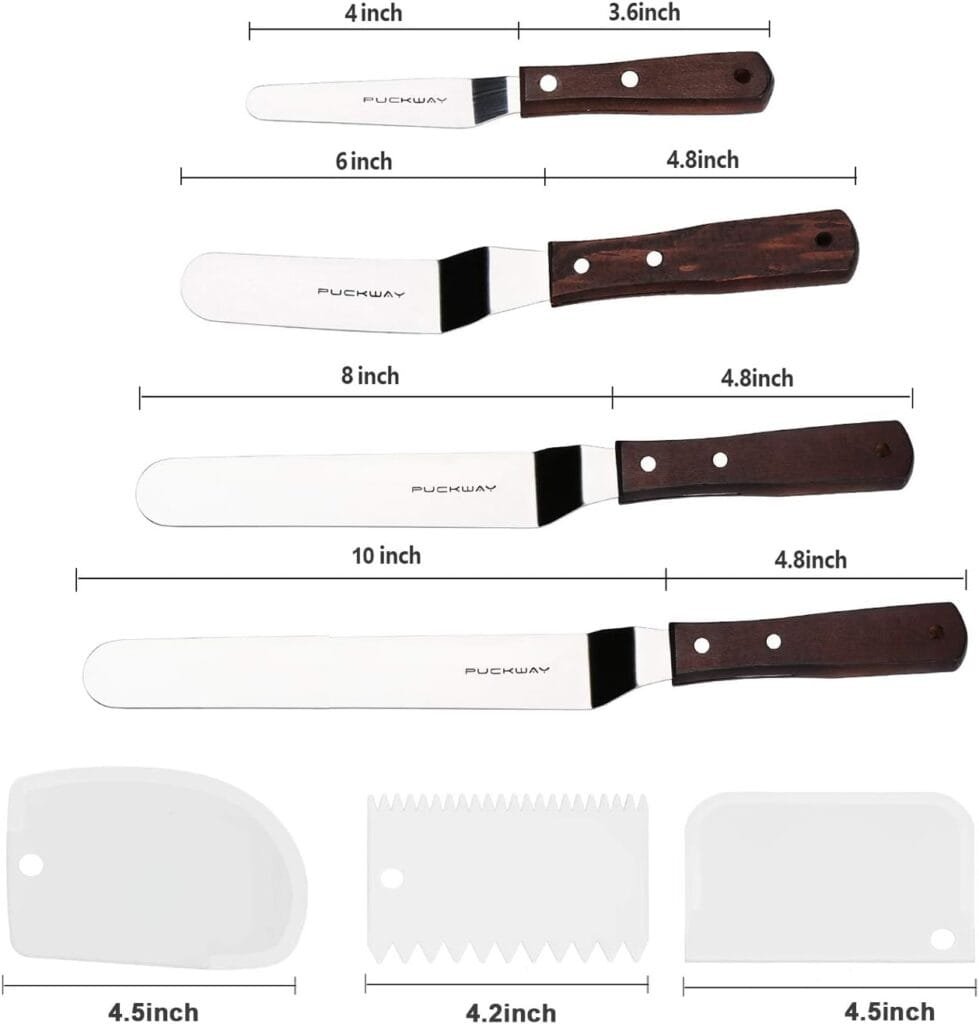PUCKWAY 4 PCS Cake Decorating Icing Spatula set with 4, 6, 8  10 Inch Stainless Steel Blade, Wood Handle Frosting Spatulas and Cake Stripping Tool PUCKWAY 4 PCS Cake Decorating Icing Spatula set with 4, 6, 8  10 Inch Stainless Steel Blade, Wood Handle Frosting Spatulas and Cake Stripping Tool