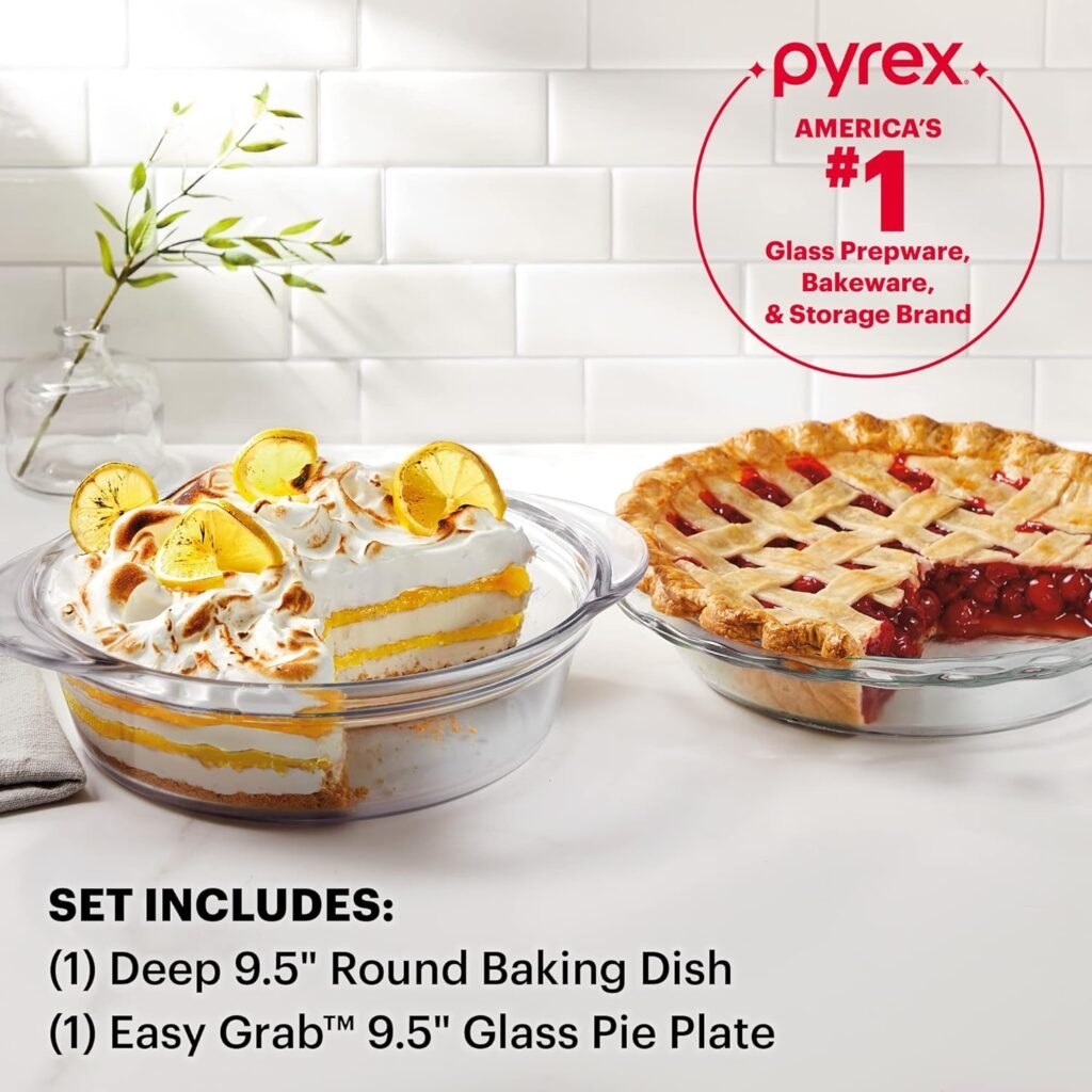 Pyrex Deep 2-Piece 9.5 Glass Baking Dish Set, Glass Bakeware Set, Dishwasher, Microwave, Freezer and Pre-Heated Oven Safe, Deep  Easy Grab