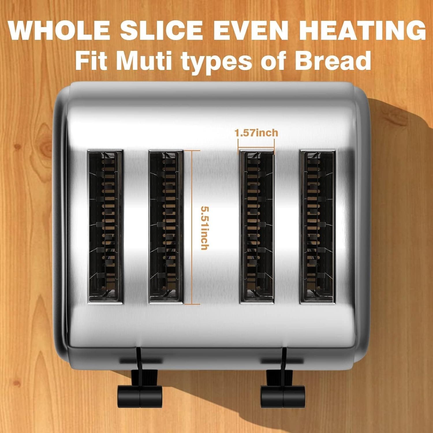 PYY 4 Slices Toaster Pop Up Wide Slots 1.57 inch Stainless Steel 6-Level Setting, with Removable Crumb Tray, 225 Slices/Hour 1800W - Bread, Bagels, Breakfast, Texas Toast, Restaurant, Commercial