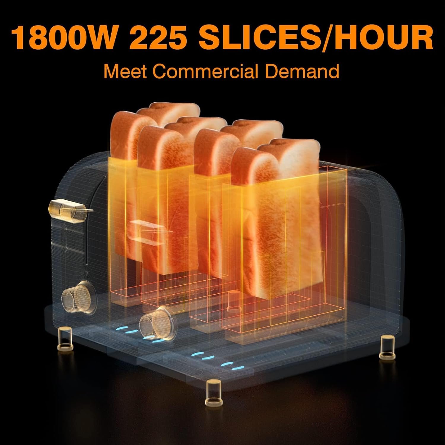 PYY 4 Slices Toaster Pop Up Wide Slots 1.57 inch Stainless Steel 6-Level Setting, with Removable Crumb Tray, 225 Slices/Hour 1800W - Bread, Bagels, Breakfast, Texas Toast, Restaurant, Commercial