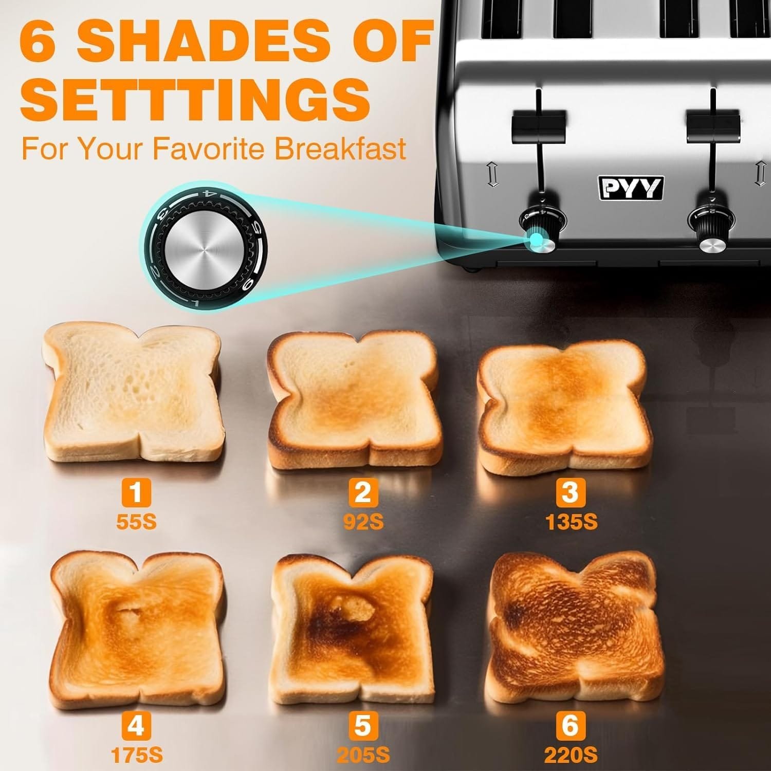 PYY 4 Slices Toaster Pop Up Wide Slots 1.57 inch Stainless Steel 6-Level Setting, with Removable Crumb Tray, 225 Slices/Hour 1800W - Bread, Bagels, Breakfast, Texas Toast, Restaurant, Commercial