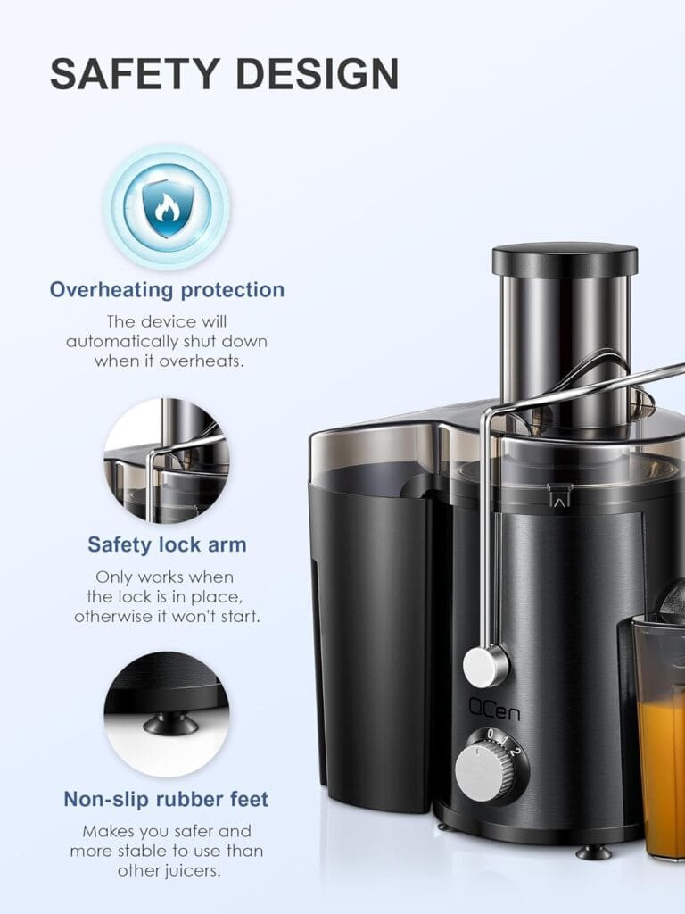 Qcen Juicer Machine, 500W Centrifugal Juicer Extractor with Wide Mouth 3” Feed Chute for Fruit Vegetable, Easy to Clean, Stainless Steel, BPA-free (Blue)