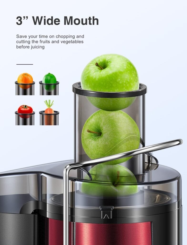 Qcen Juicer Machine, 500W Centrifugal Juicer Extractor with Wide Mouth 3” Feed Chute for Fruit Vegetable, Easy to Clean, Stainless Steel, BPA-free (Black)