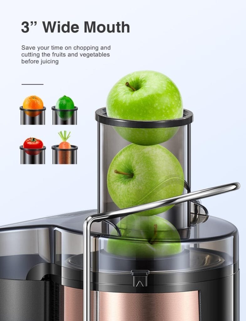 Qcen Juicer Machine, 500W Centrifugal Juicer Extractor with Wide Mouth 3” Feed Chute for Fruit Vegetable, Easy to Clean, Stainless Steel, BPA-free (Black)