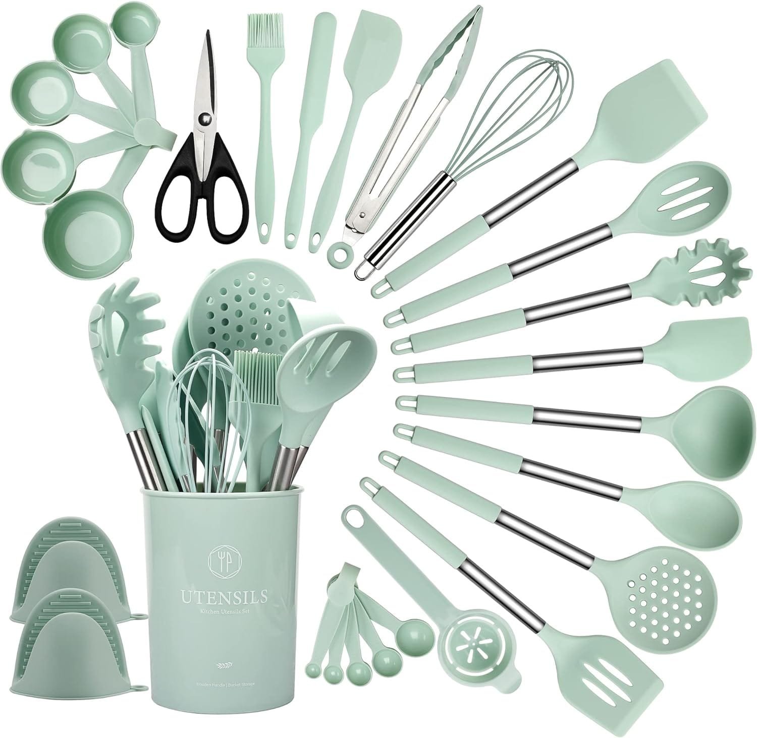 QMVESS Silicone Kitchen Utensil Set, 28 Pcs Non-Stick Cooking Utensils Set with Holder, Tongs, Spatula, Whisk, Measuring Cups and Spoons Set with Stainless Steel Handle Kitchen Gadgets (Light Green) QMVESS Silicone Kitchen Utensil Set, 28 Pcs Non-Stick Cooking Utensils Set with Holder, Tongs, Spatula, Whisk, Measuring Cups and Spoons Set with Stainless Steel Handle Kitchen Gadgets (Light Green)