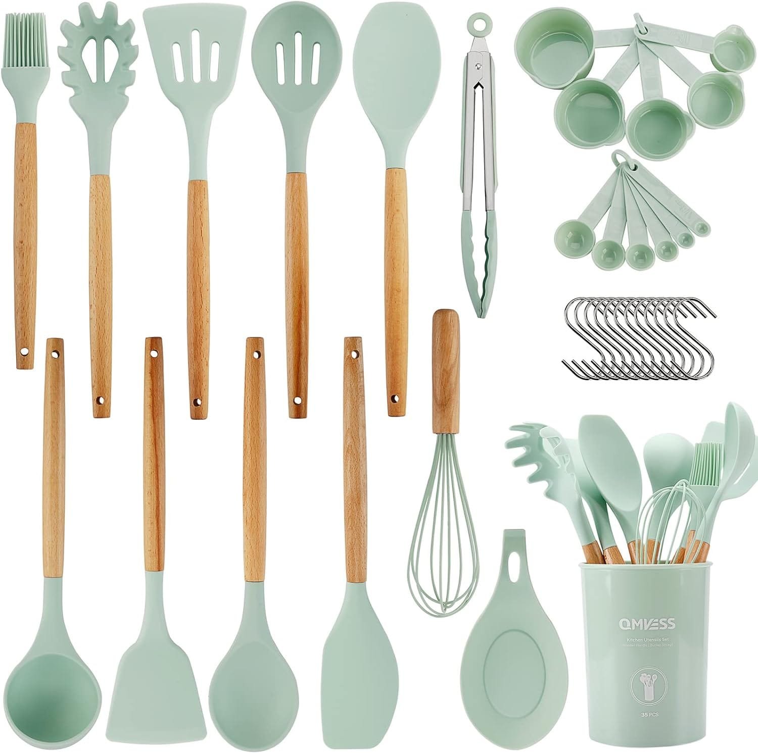 QMVESS Silicone Kitchen Utensils Set, 35 Pcs Non-Stick Cooking Utensils Set, Sturdy Insulation Wooden Handle Kitchen Accessories for Cooking with Spatula Set and Spoons Set Gadgets (Light Green) QMVESS Silicone Kitchen Utensils Set, 35 Pcs Non-Stick Cooking Utensils Set, Sturdy Insulation Wooden Handle Kitchen Accessories for Cooking with Spatula Set and Spoons Set Gadgets (Light Green)