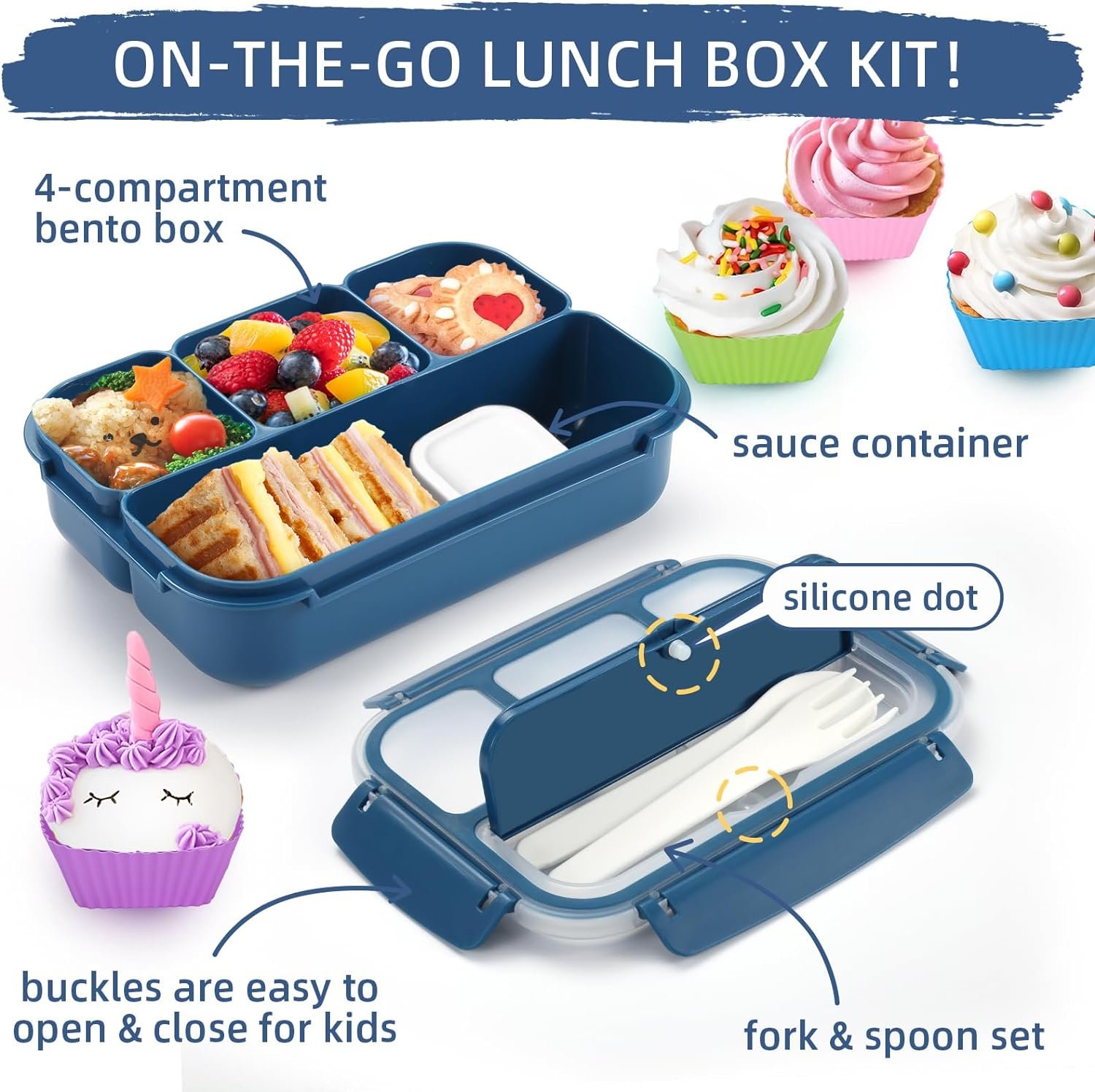 QQKO Bento Lunch Box with 4 Compartments, Sauce Container, Utensils, Food Picks and Muffin Cups for School - Purple