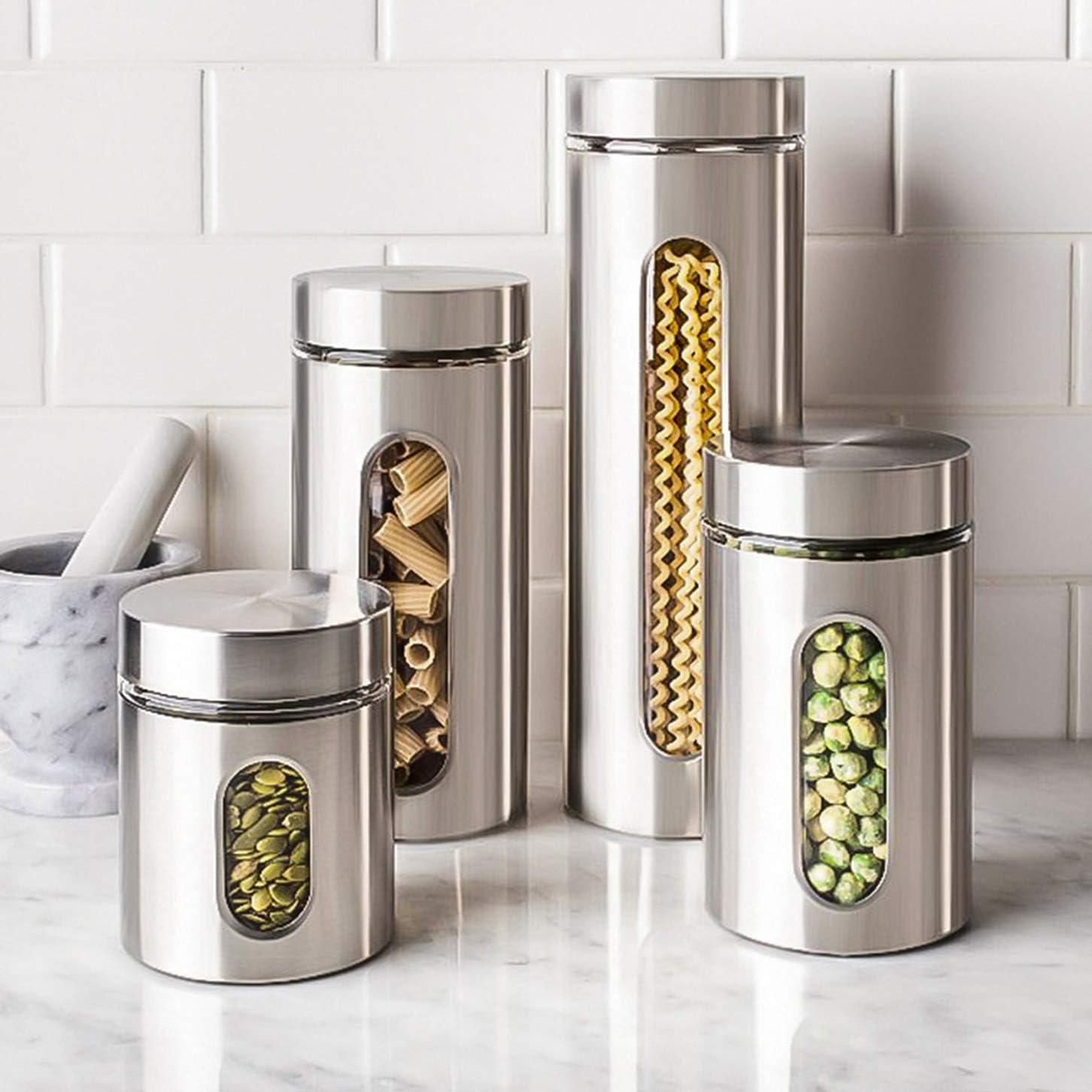 Quality 4pc Stainless Steel Canister Set for Kitchen Counter with Glass Window Airtight Lids, Food Storage Containers, Pantry Storage Organization Set for Coffee, Flour, Pasta, Rice, Spices, Herbs Quality 4pc Stainless Steel Canister Set for Kitchen Counter with Glass Window Airtight Lids, Food Storage Containers, Pantry Storage Organization Set for Coffee, Flour, Pasta, Rice, Spices, Herbs