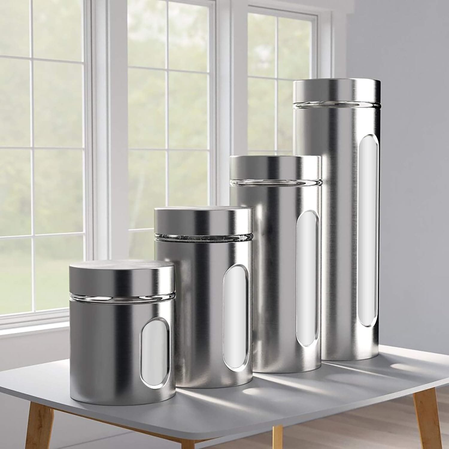Quality 4pc Stainless Steel Canister Set for Kitchen Counter with Glass Window Airtight Lids, Food Storage Containers, Pantry Storage Organization Set for Coffee, Flour, Pasta, Rice, Spices, Herbs Quality 4pc Stainless Steel Canister Set for Kitchen Counter with Glass Window Airtight Lids, Food Storage Containers, Pantry Storage Organization Set for Coffee, Flour, Pasta, Rice, Spices, Herbs
