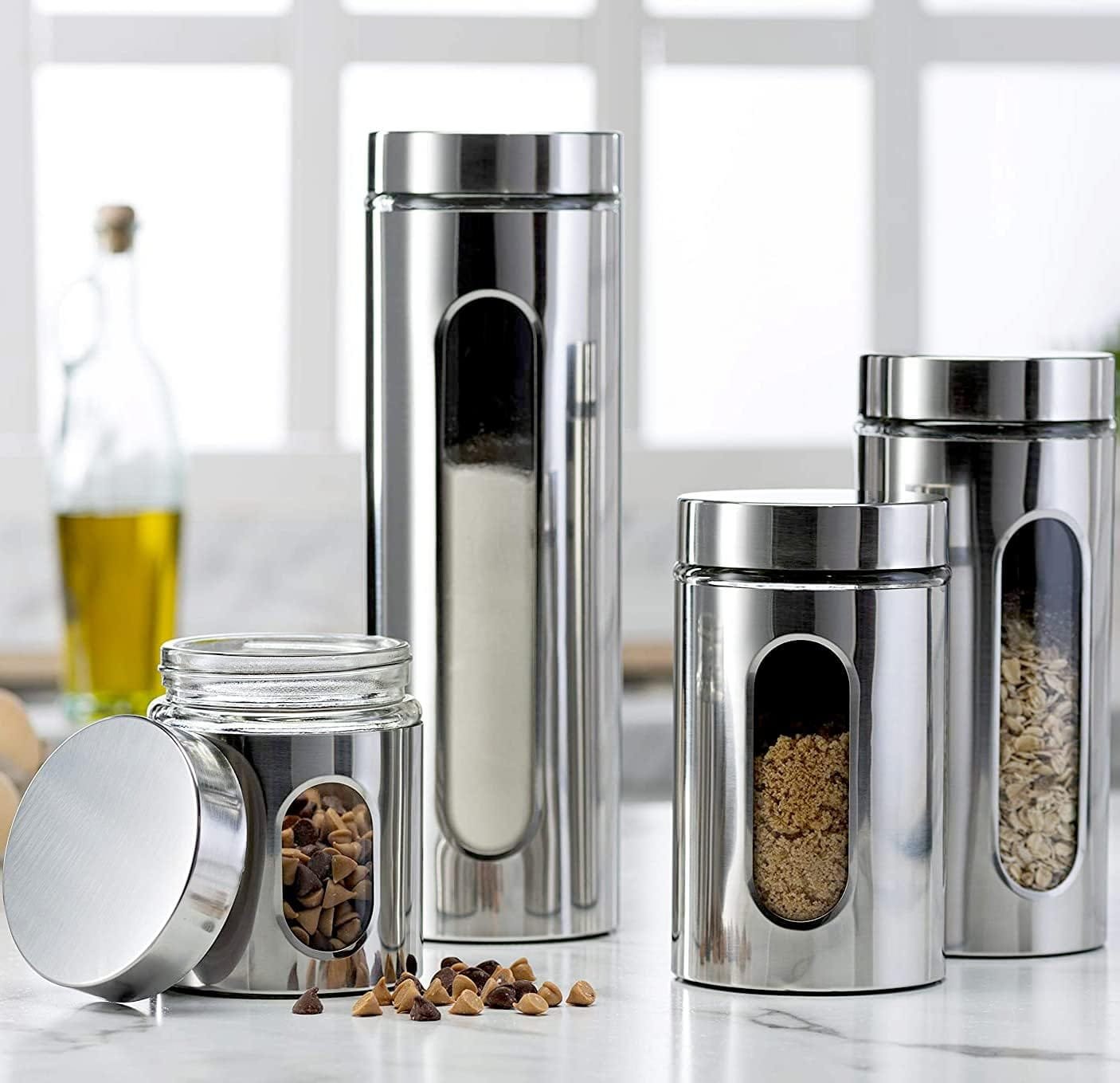 Quality 4pc Stainless Steel Canister Set for Kitchen Counter with Glass Window Airtight Lids, Food Storage Containers, Pantry Storage Organization Set for Coffee, Flour, Pasta, Rice, Spices, Herbs Quality 4pc Stainless Steel Canister Set for Kitchen Counter with Glass Window Airtight Lids, Food Storage Containers, Pantry Storage Organization Set for Coffee, Flour, Pasta, Rice, Spices, Herbs