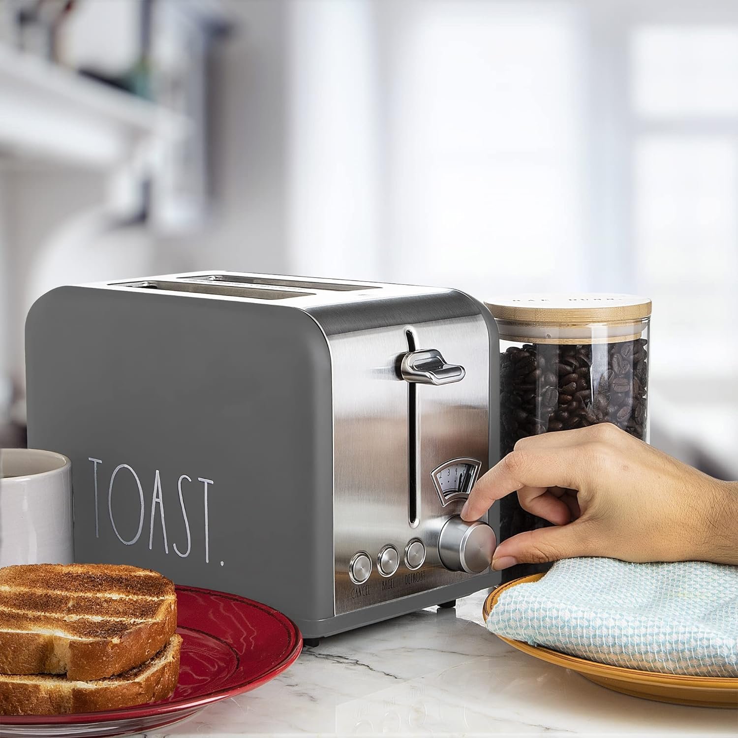 Rae Dunn Toaster, Stainless Steel 2 Slice Square Toaster, Wide Slot with 5 Browning Levels, with Bagel, Defrost and Cancel Options (Grey)