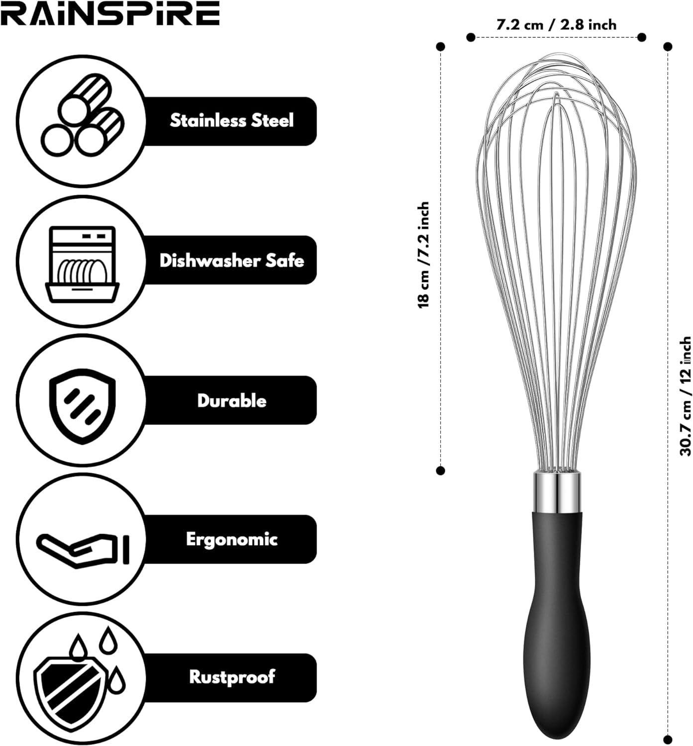 Rainspire 12-Inch Wire Whisk Stainless Steel, Balloon Whisks for Cooking, Wisk Wisking Tool With Soft Silicone Handle, Thick Durable Whisker for Blending, Beating, Whisking, Stirring, Pink