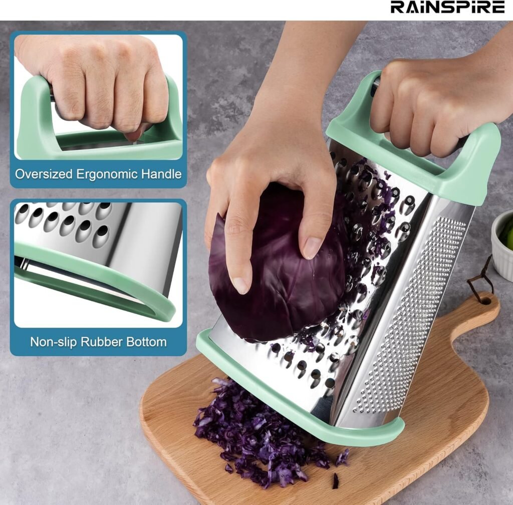 Rainspire Professional Box Grater, Cheese Grater Box for Kitchen Stainless Steel with 4 Sides, Cheese and Spice Graters with Handle for Vegetables, Ginger, Potatoes, Black