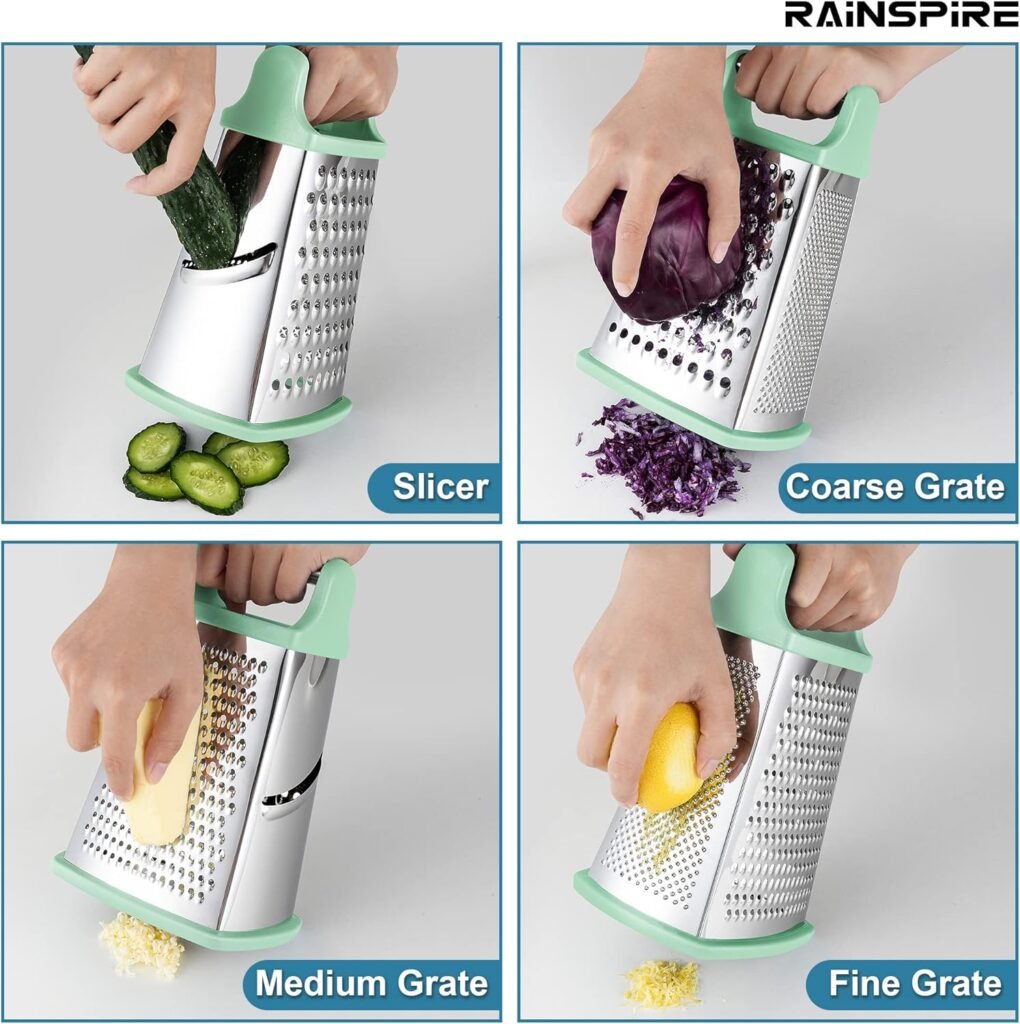 Rainspire Professional Box Grater, Cheese Grater Box for Kitchen Stainless Steel with 4 Sides, Cheese and Spice Graters with Handle for Vegetables, Ginger, Potatoes, Black