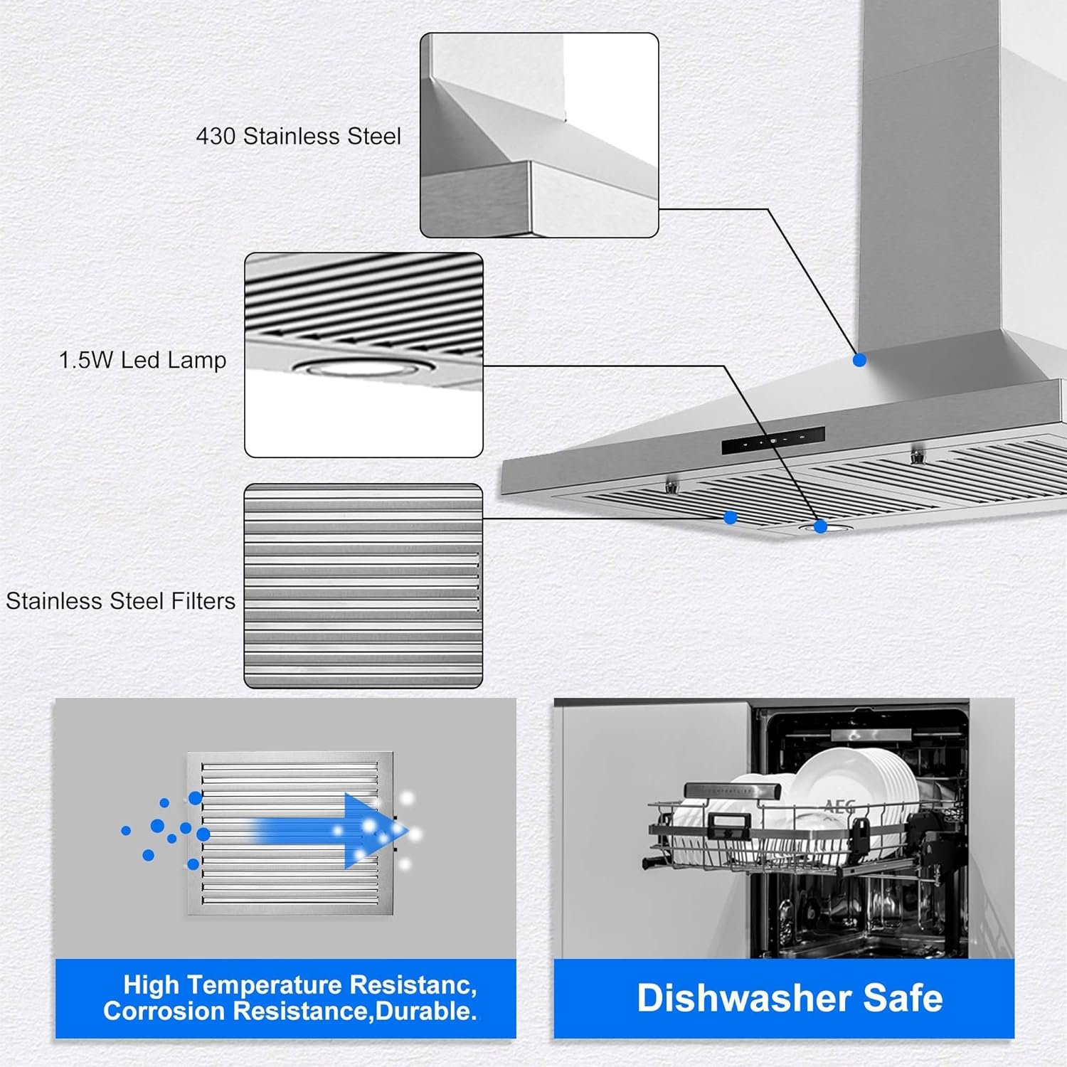 Range Hood, Range Hoods 30 inch Stainless Steel, 450 CFM Kitchen Hood with LED Light Baffle Filters, 3 Speed Exhaust Fan Vent Hood
