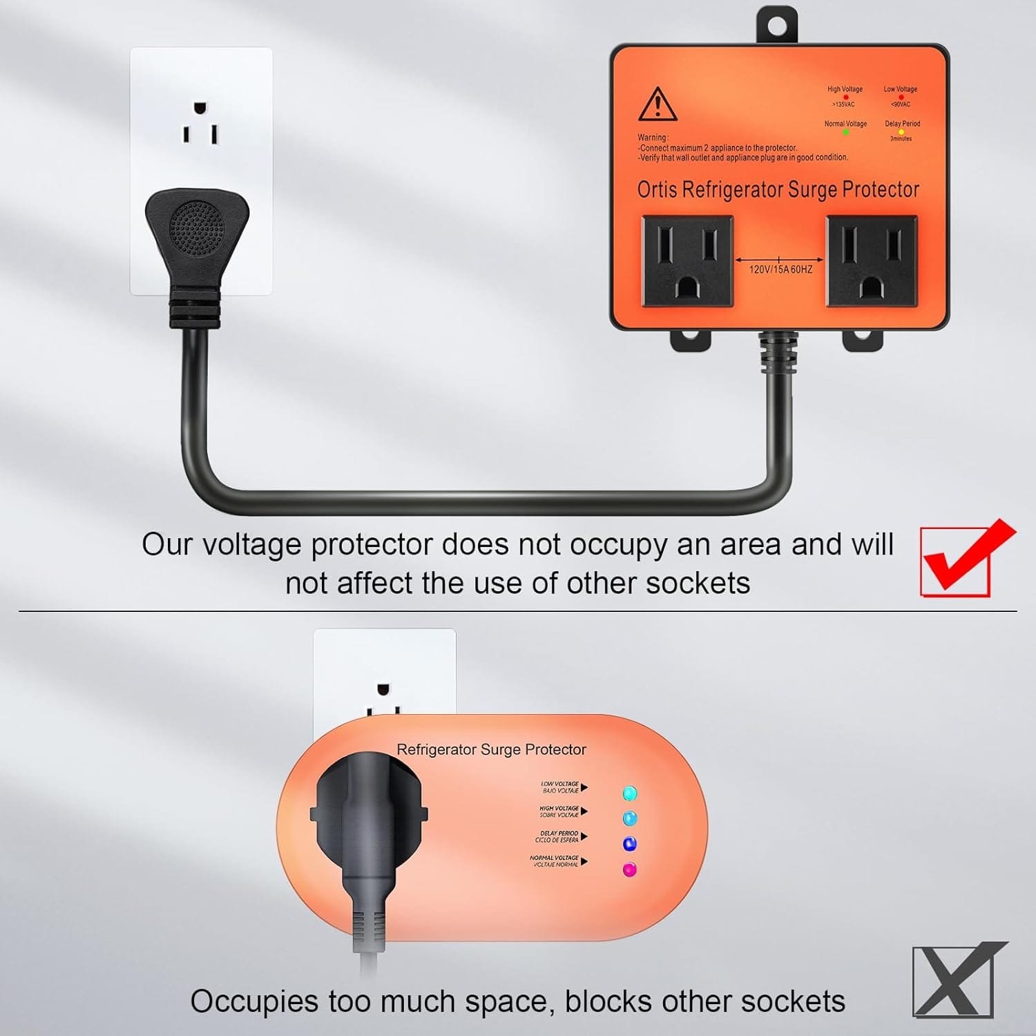Refrigerator Surge Protector, Ortis Double Outlet Voltage Protector for Home Appliances with Time Delay, Protects Against Brownout, Spike, Instant Surge All Voltage Abnormalities, Orange Refrigerator Surge Protector, Ortis Double Outlet Voltage Protector for Home Appliances with Time Delay, Protects Against Brownout, Spike, Instant Surge All Voltage Abnormalities, Orange
