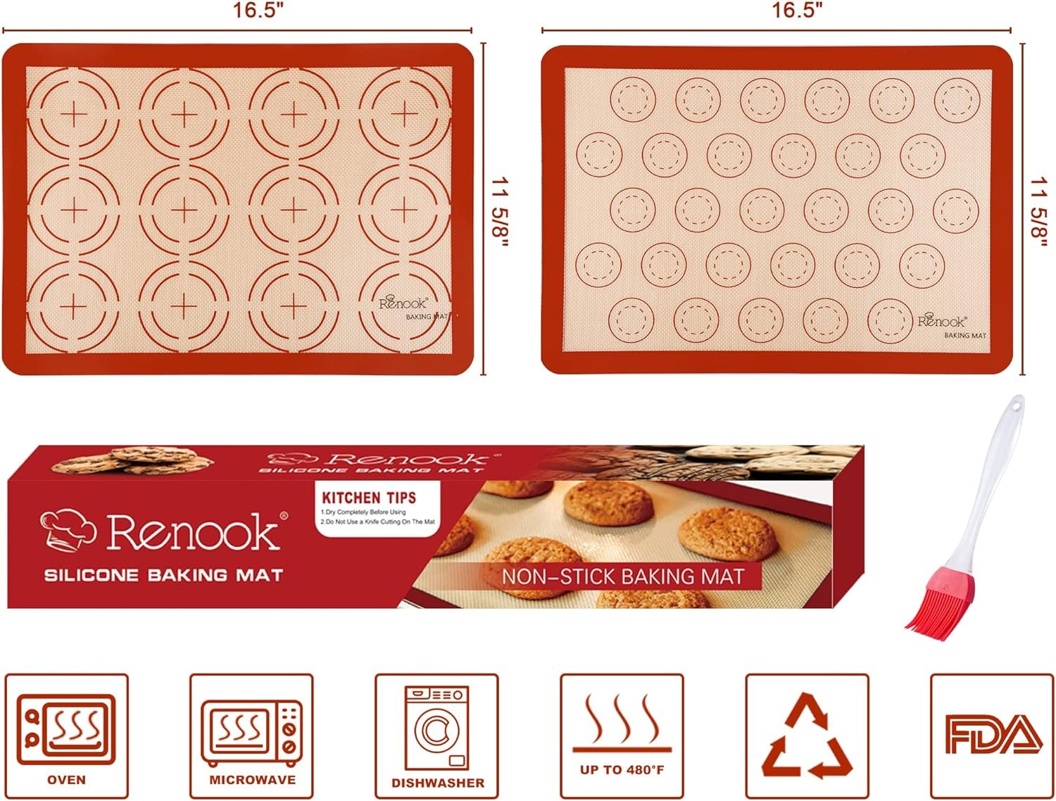 Renook Silicone Baking Mat, BPA-Free Grade Food Pastry Mat,100% Non-Stick Reusable Food Safe Silicone Baking Sheet with Oil Brush  Shovel,Kitchen Counter Mat for Oven Liner Mat (7 pack)