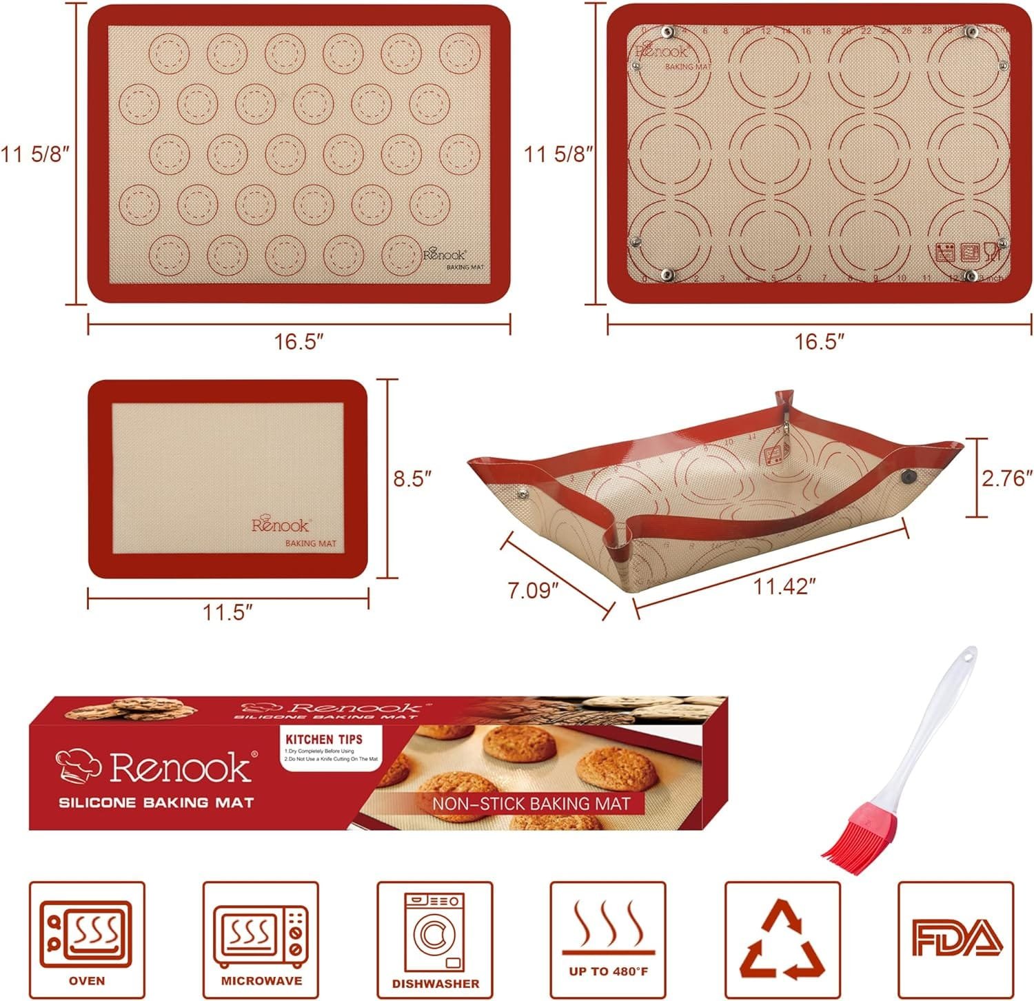 Renook Silicone Baking Mat, BPA-Free Grade Food Pastry Mat,100% Non-Stick Reusable Food Safe Silicone Baking Sheet with Oil Brush  Shovel,Kitchen Counter Mat for Oven Liner Mat (7 pack)
