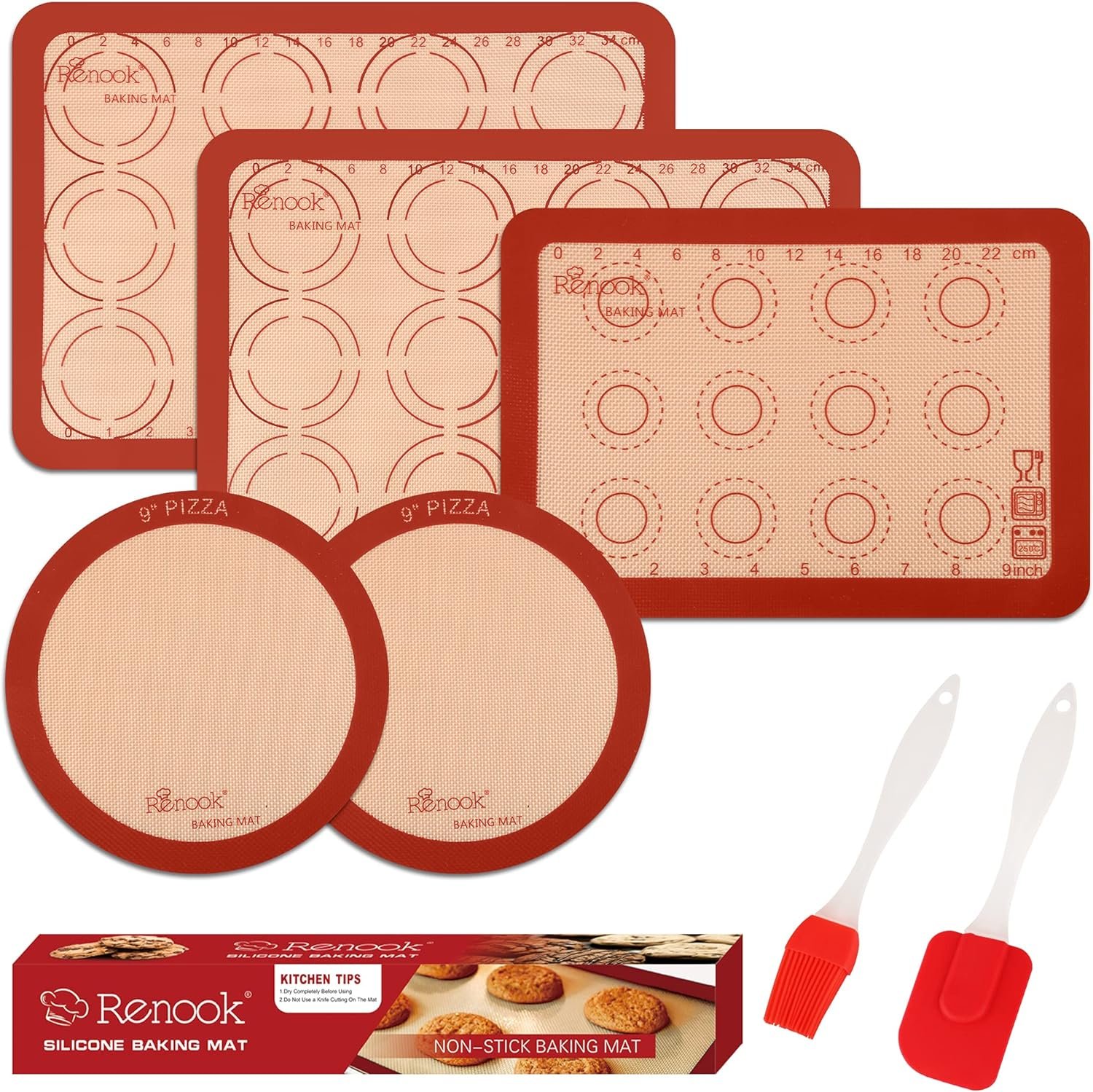 Renook Silicone Baking Mat, BPA-Free Grade Food Pastry Mat,100% Non-Stick Reusable Food Safe Silicone Baking Sheet with Oil Brush  Shovel,Kitchen Counter Mat for Oven Liner Mat (7 pack)