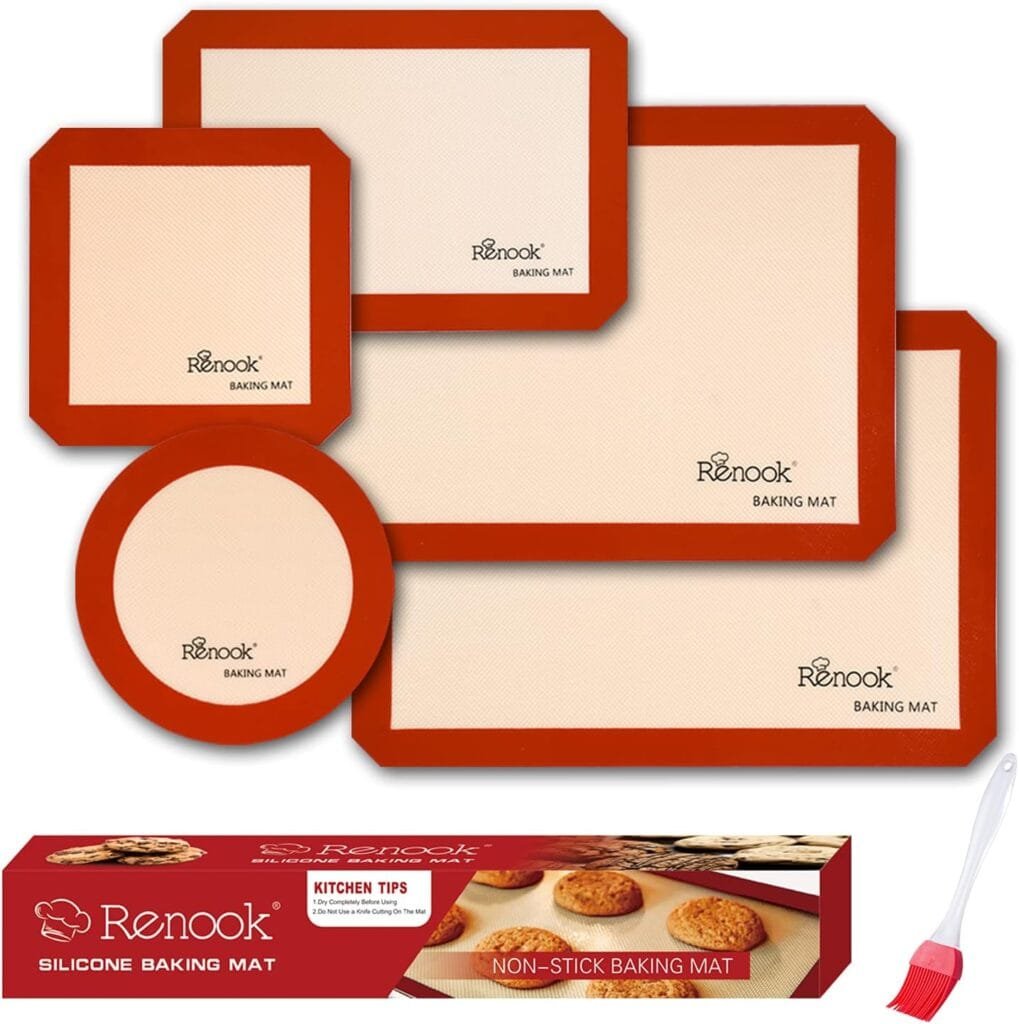 RENOOK Silicone Baking Mats Set of 5, BPA-free grade food baking mat, 100% Non-Stick Reusable Food Safe Liners  Silicone Brush- Macaron, Pastry, Cookie.