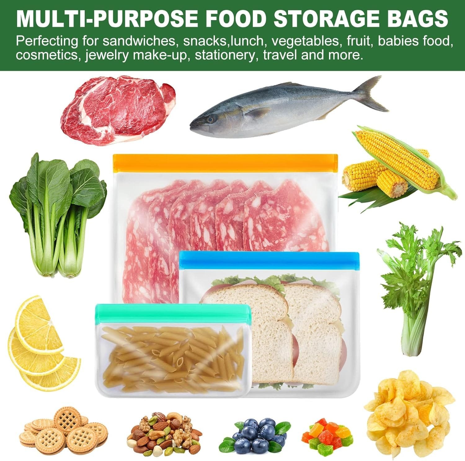 Reusable Snack Bags, Reusable Ziplock Silicone Bags Reusable Food Storage Bags, Snack Size Zip Lock Bag for Travel Home Fridge Kitchen Organization Storage Lunch Meal Prep Snack Containers Sets