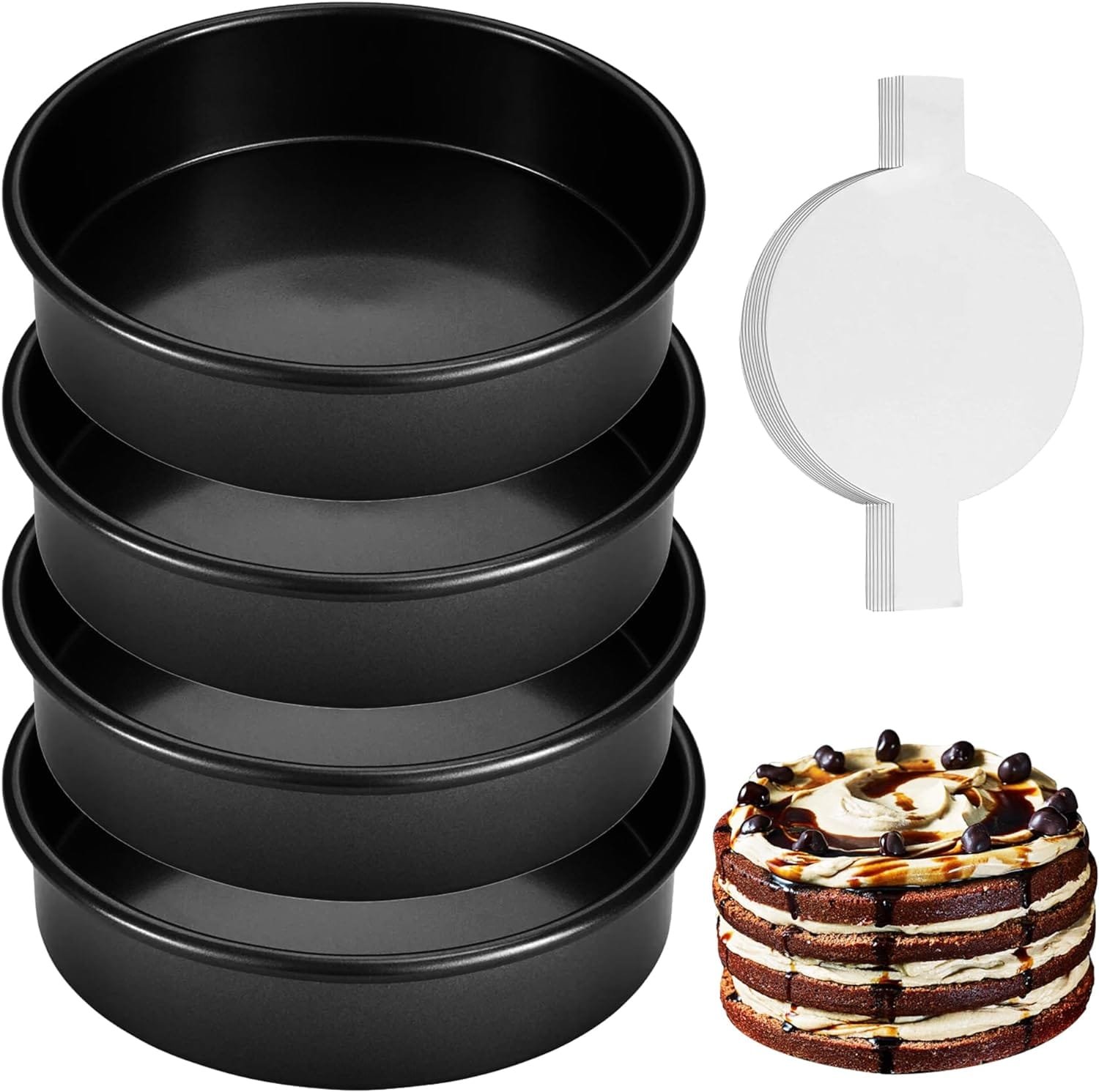 RFAQK 133PCs Round Cake Pans Sets for Baking + Cake Decorating Supplies - 3 Non-Stick 8 Inch Cake Pan with Baking Supplies, Piping Tips, Cake Leveler, Icing Spatula and 35 Parchment Papers with eBook