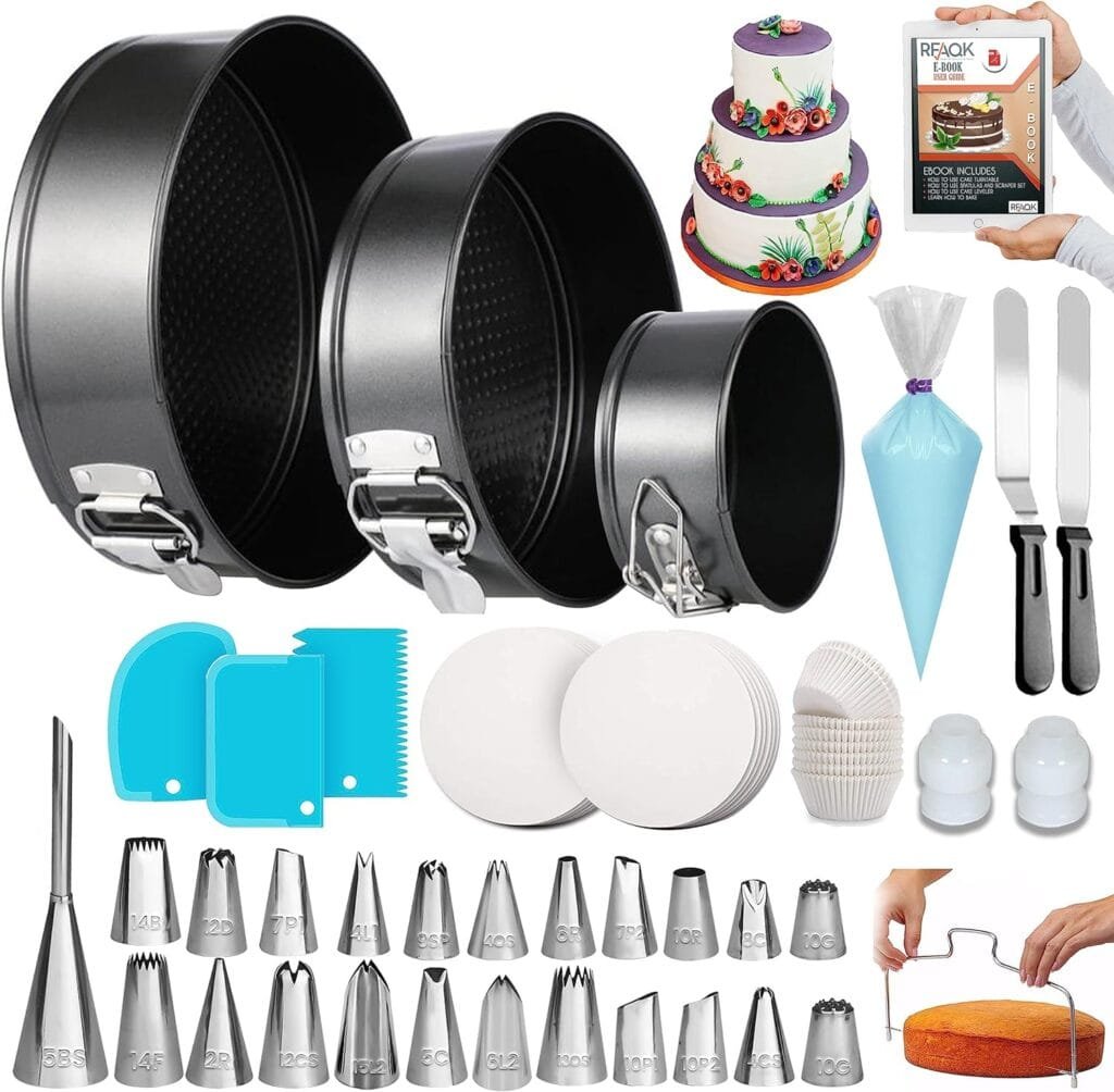 RFAQK 150PCs Cake Pan Set for Baking + Cake Decorating Supplies: 3 Round Non Stick Springform Pan Set (4, 7, 9 inches),24 Icing Tips,Cake Leveler–Multi-functional Leak-Proof Cake Pans eBook RFAQK 150PCs Cake Pan Set for Baking + Cake Decorating Supplies: 3 Round Non Stick Springform Pan Set (4, 7, 9 inches),24 Icing Tips,Cake Leveler–Multi-functional Leak-Proof Cake Pans eBook