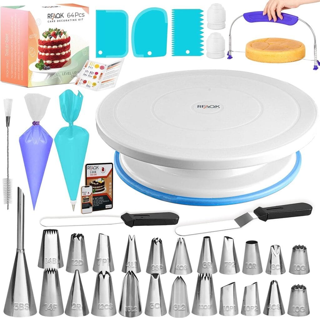 RFAQK 64 PCs Cake Decorating Kit for Beginners Includes Video Course, Booklet + Baking Supplies Gift - Cake Stand, Leveler, 24 Numbered Piping Tips, Straight  Offset Spatula,  Scraper sets