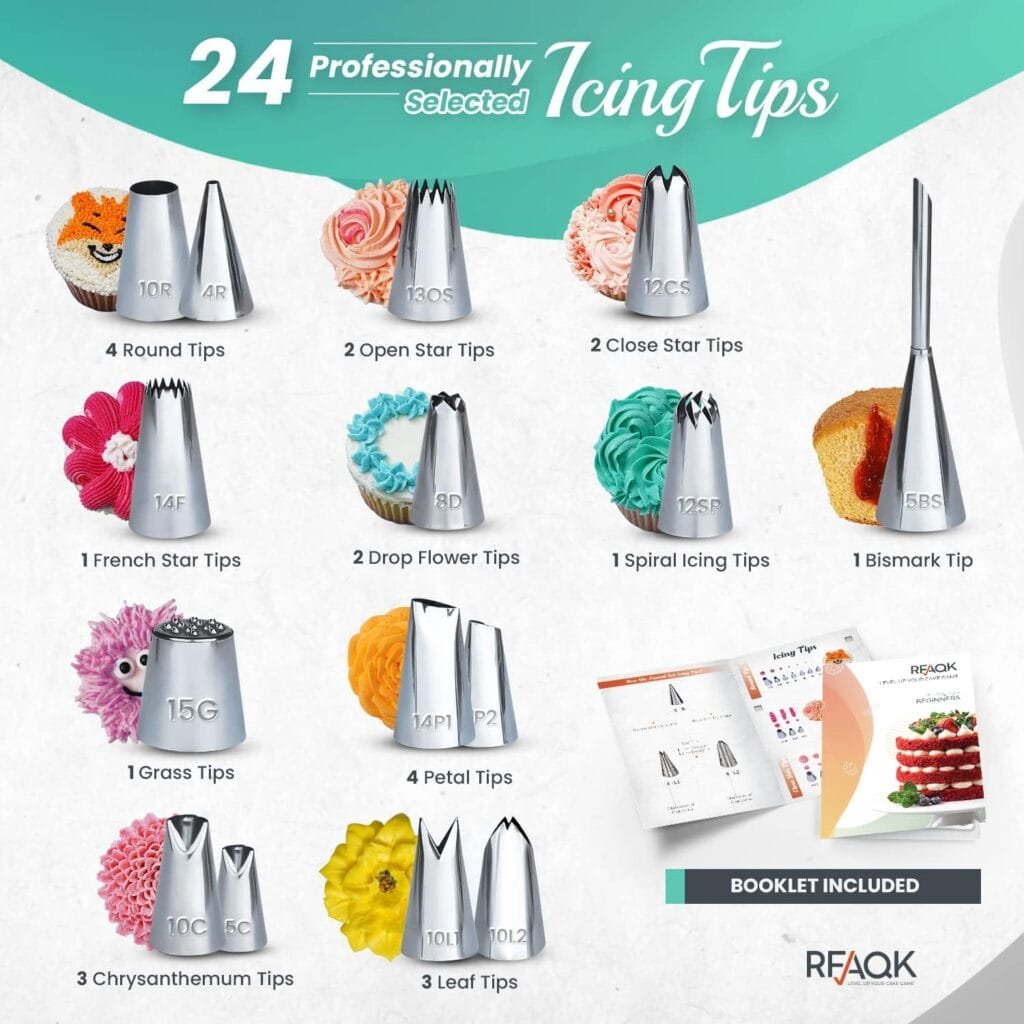 RFAQK 64 PCs Cake Decorating Kit for Beginners Includes Video Course, Booklet + Baking Supplies Gift - Cake Stand, Leveler, 24 Numbered Piping Tips, Straight  Offset Spatula,  Scraper sets RFAQK 64 PCs Cake Decorating Kit for Beginners Includes Video Course, Booklet + Baking Supplies Gift - Cake Stand, Leveler, 24 Numbered Piping Tips, Straight  Offset Spatula,  Scraper sets