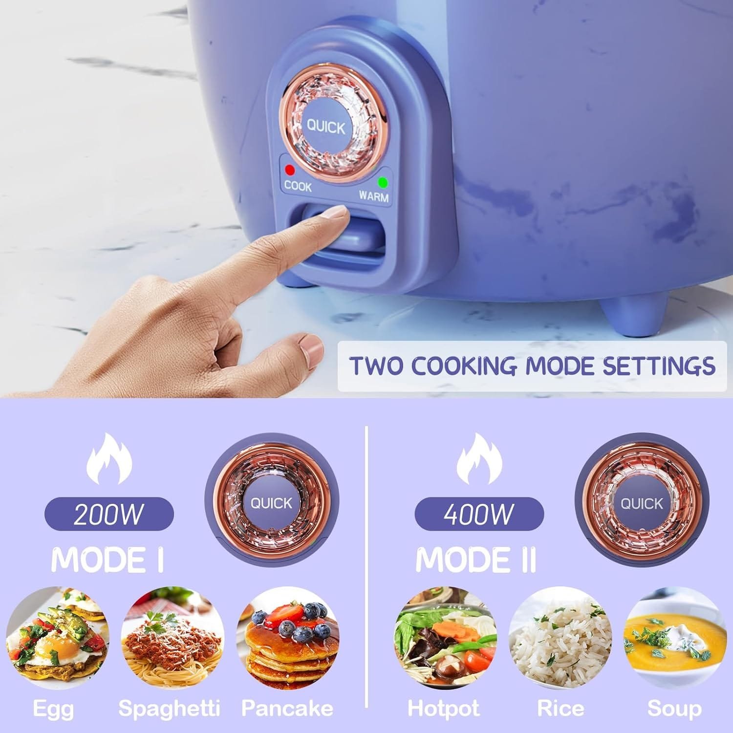 Rice Cooker Small with Food Steamer, Rice Cooker 4 Cups Uncooked (8 Cups Cooked), 2.0L Portable Non-Stick Small Travel Rice Cooker, Two Cooking Mode Setting, Slow Cook Mode