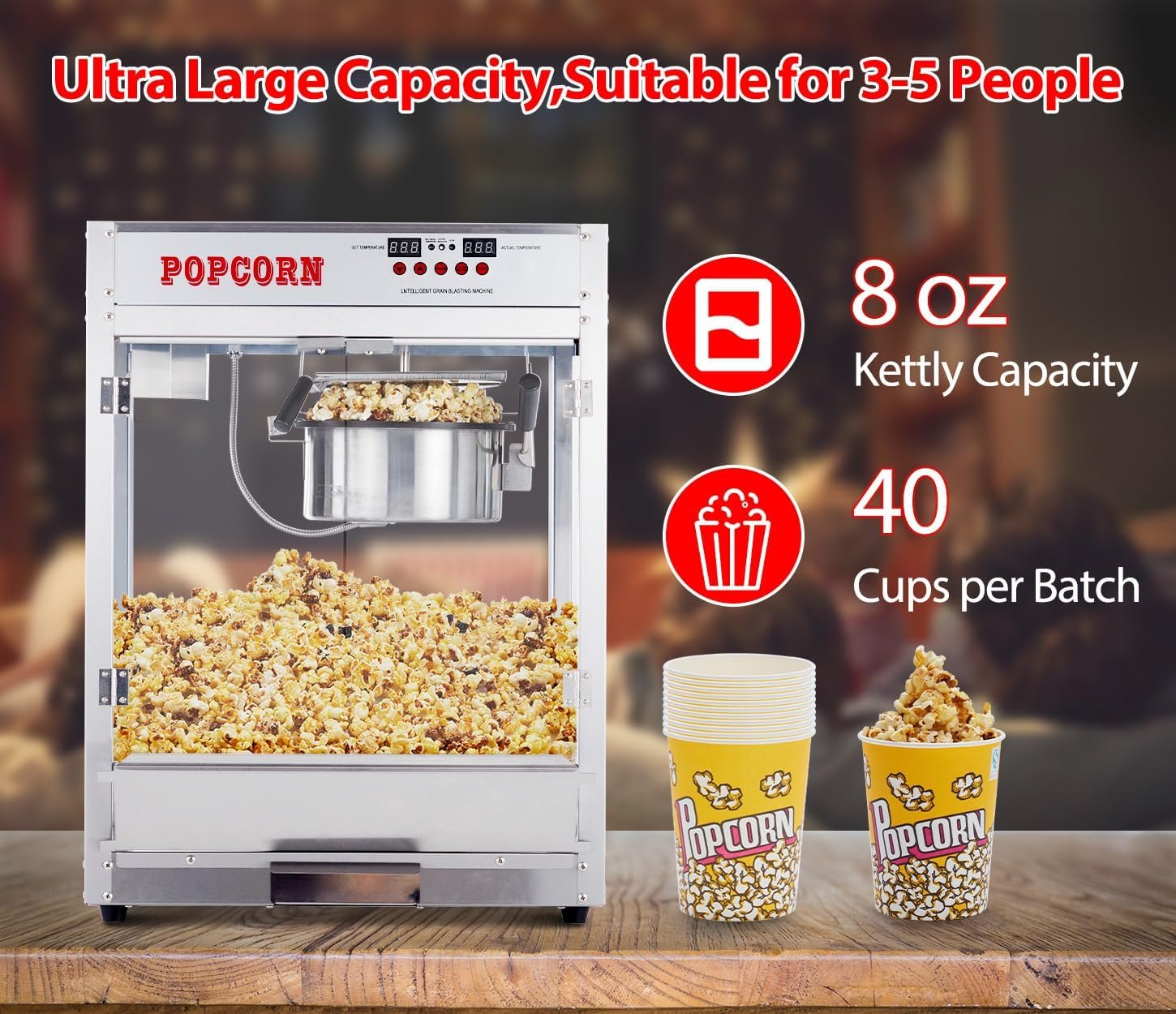 RIEDHOFF 8 OZ Popcorn Machine for Movie Night, [3 Mins Get 40 Cups] [Durable] [User-friendly] [Easy Cleaning] Popcorn Maker Machine with 10 Pcs Popcorn Buckets, Old Fashion Movie Theater Style- Red