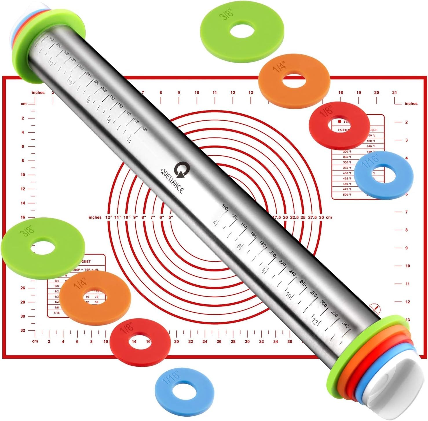 Rolling Pin and Pastry Baking Mat Set, Rolling Pins with Adjustable Thickness Rings, Stainless Steel Dough Roller for Baking Fondant, Pizza, Pie, Pastry, Pasta, Cookies (Black Mat)