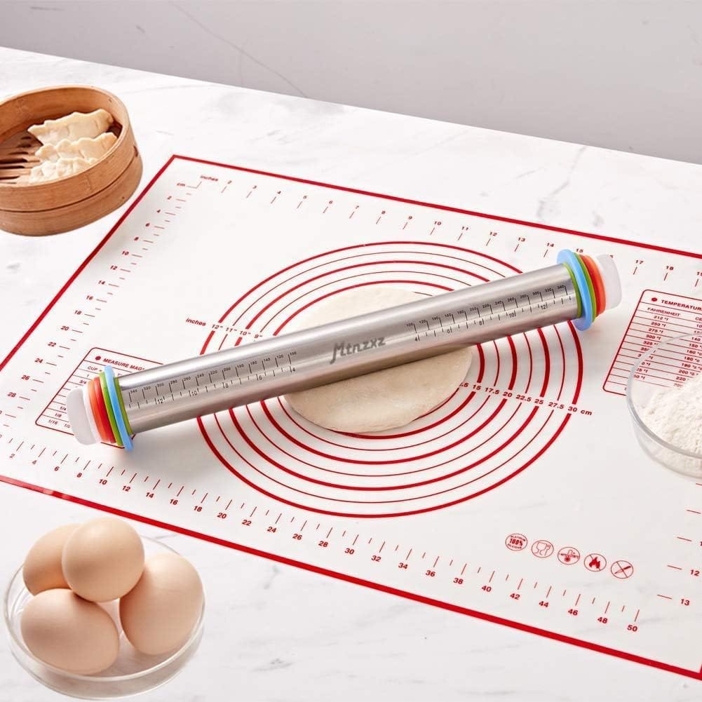Rolling Pin and Silicone Baking Pastry Mat Set, Stainless Steel Dough Roller with Adjustable Thickness Rings, for Pizza, Pie, Pastries, Pasta, Cookies Rolling Pin and Silicone Baking Pastry Mat Set, Stainless Steel Dough Roller with Adjustable Thickness Rings, for Pizza, Pie, Pastries, Pasta, Cookies