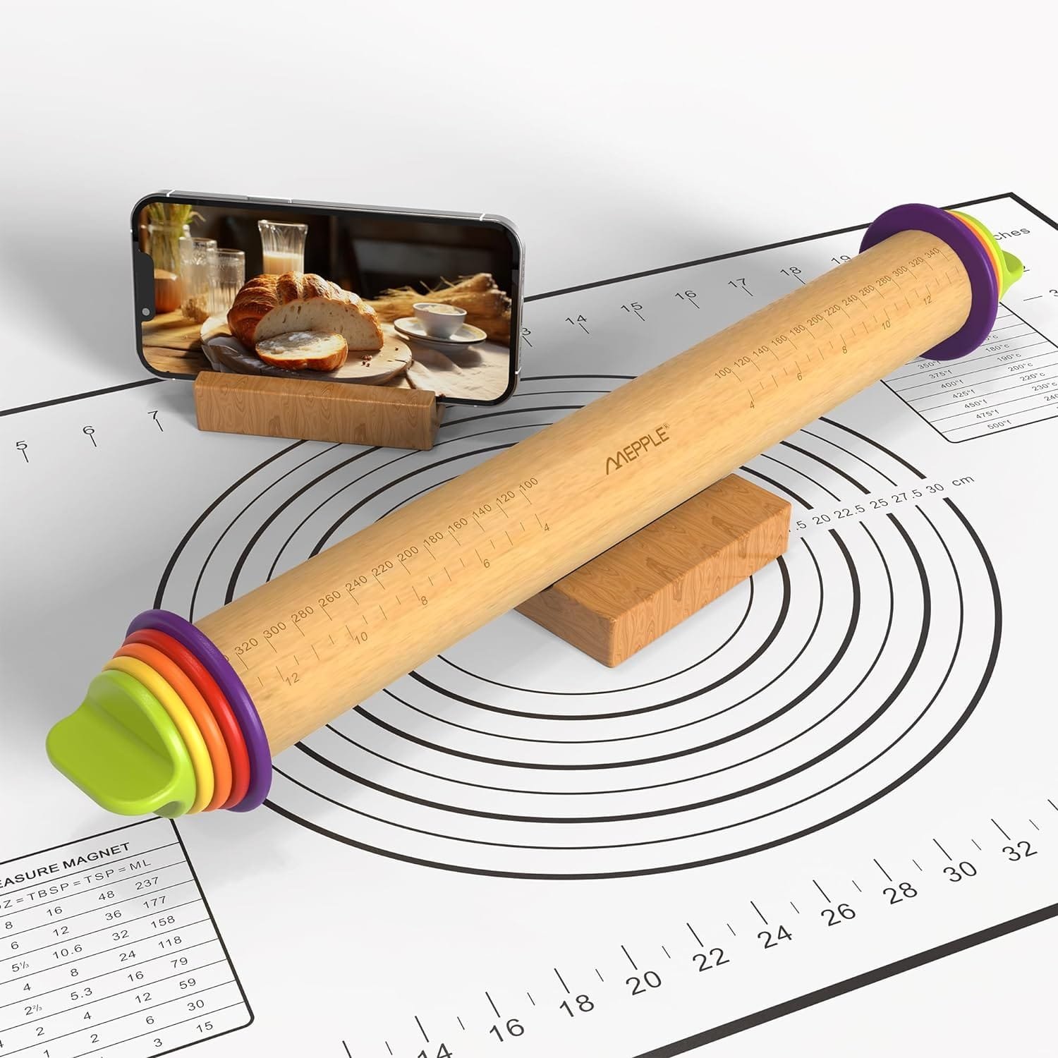 Mepple Adjustable Rolling Pin With Thickness Rings - 13.6" Wood Rolling Pin For Baking