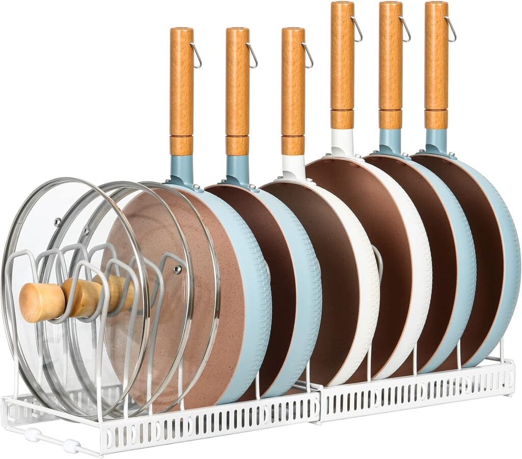 ROOHUA Pot Rack -Expandable Pan Organizer for Cabinet,Pot Lid Holder with 10 Adjustable Compartment for Kitchen Cabinet Cookware Baking Frying Rack,Bronze