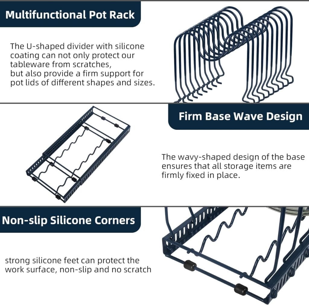 ROOHUA Pot Rack -Expandable Pan Organizer for Cabinet,Pot Lid Holder with 10 Adjustable Compartment for Kitchen Cabinet Cookware Baking Frying Rack,Bronze