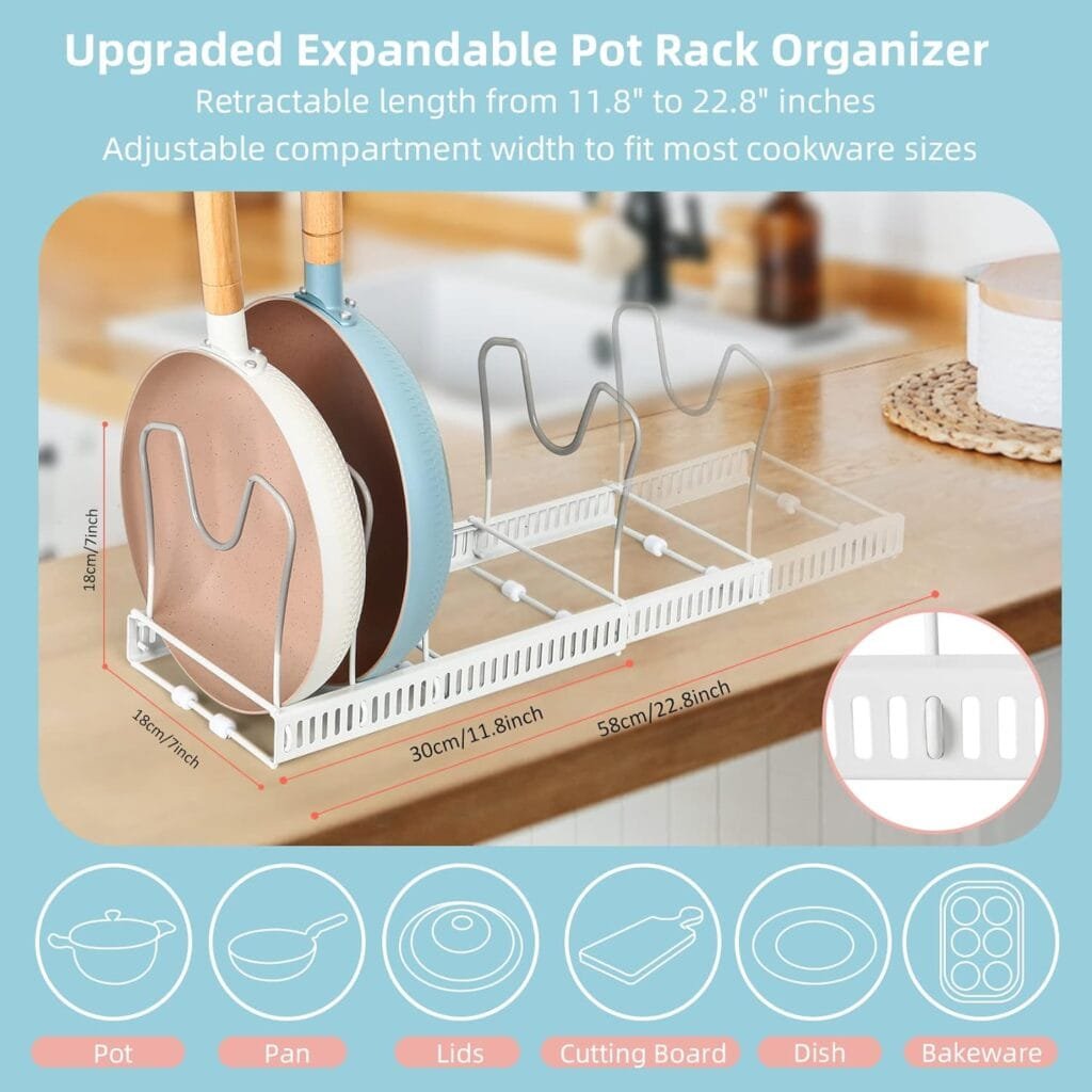 ROOHUA Pot Rack -Expandable Pan Organizer for Cabinet,Pot Lid Holder with 10 Adjustable Compartment for Kitchen Cabinet Cookware Baking Frying Rack,Bronze