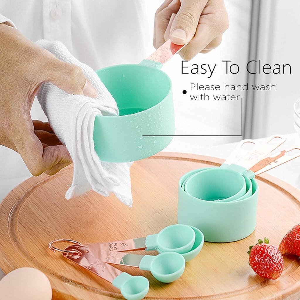 Rose Gold Stainless Steel Handle Measuring Cups and Spoons Set, 8 Piece Stackable Accurate Tablespoon for Measuring Dry and Liquid Ingredients Small Teaspoon with Plastic Head (Pink)