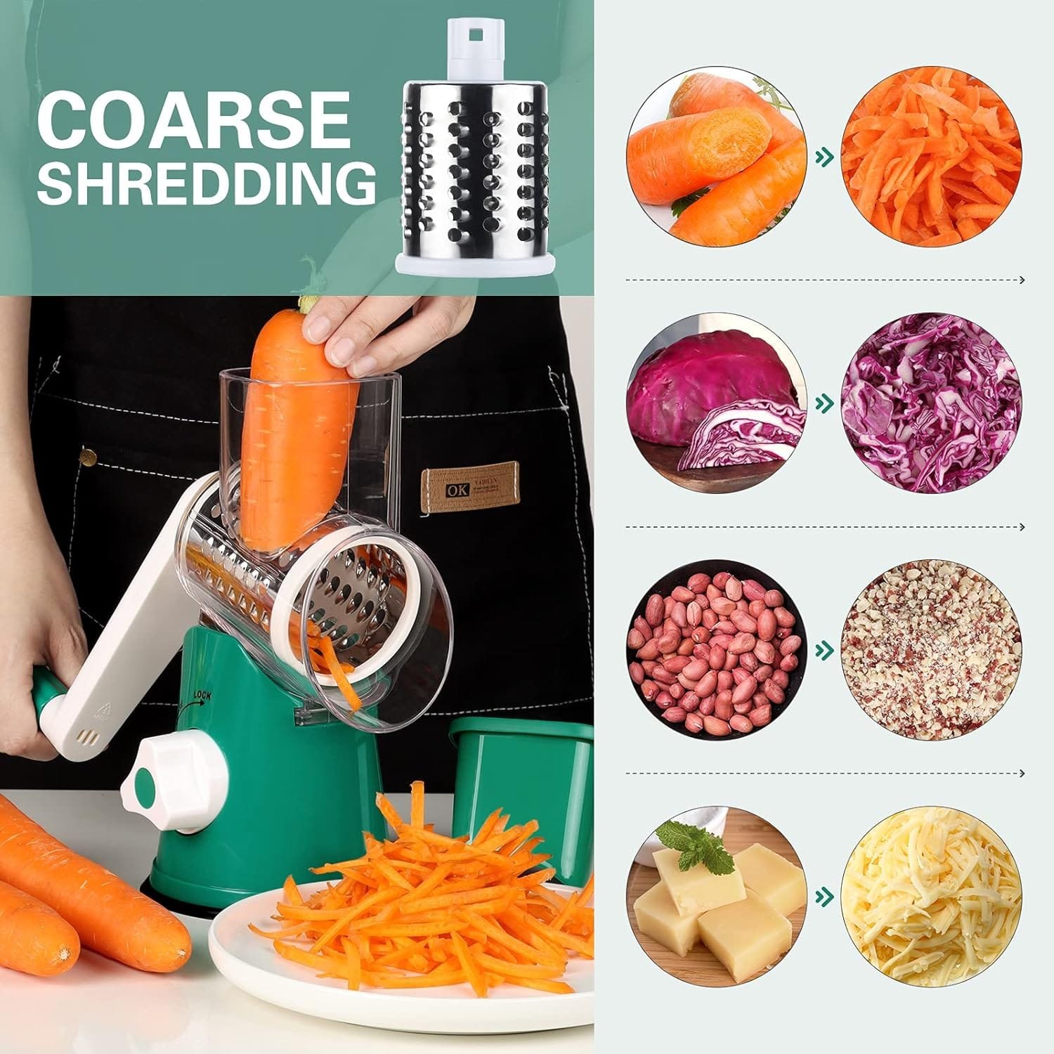 Rotary Cheese Grater Cheese Shredder - Cambom Kitchen Manual Cheese Grater with Handle Vegetable Slicer Nuts Grinder 3 Replaceable Drum Blades and Strong Suction Base Free Cleaning Brush