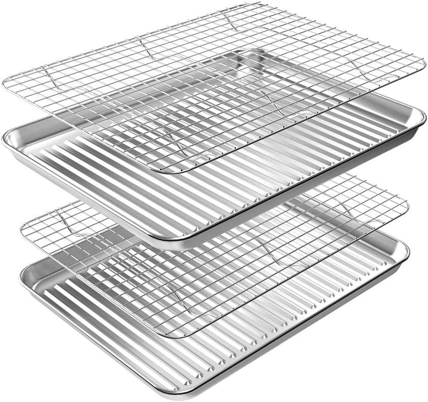 ROTTAY Baking Sheet with Rack Set (2 Pans + 2 Racks), Stainless Steel Cookie Sheet with Cooling Rack, Nonstick Baking Pan, Warp Resistant  Heavy Duty  Rust Free, Size 16 x 12 x 1 Inches